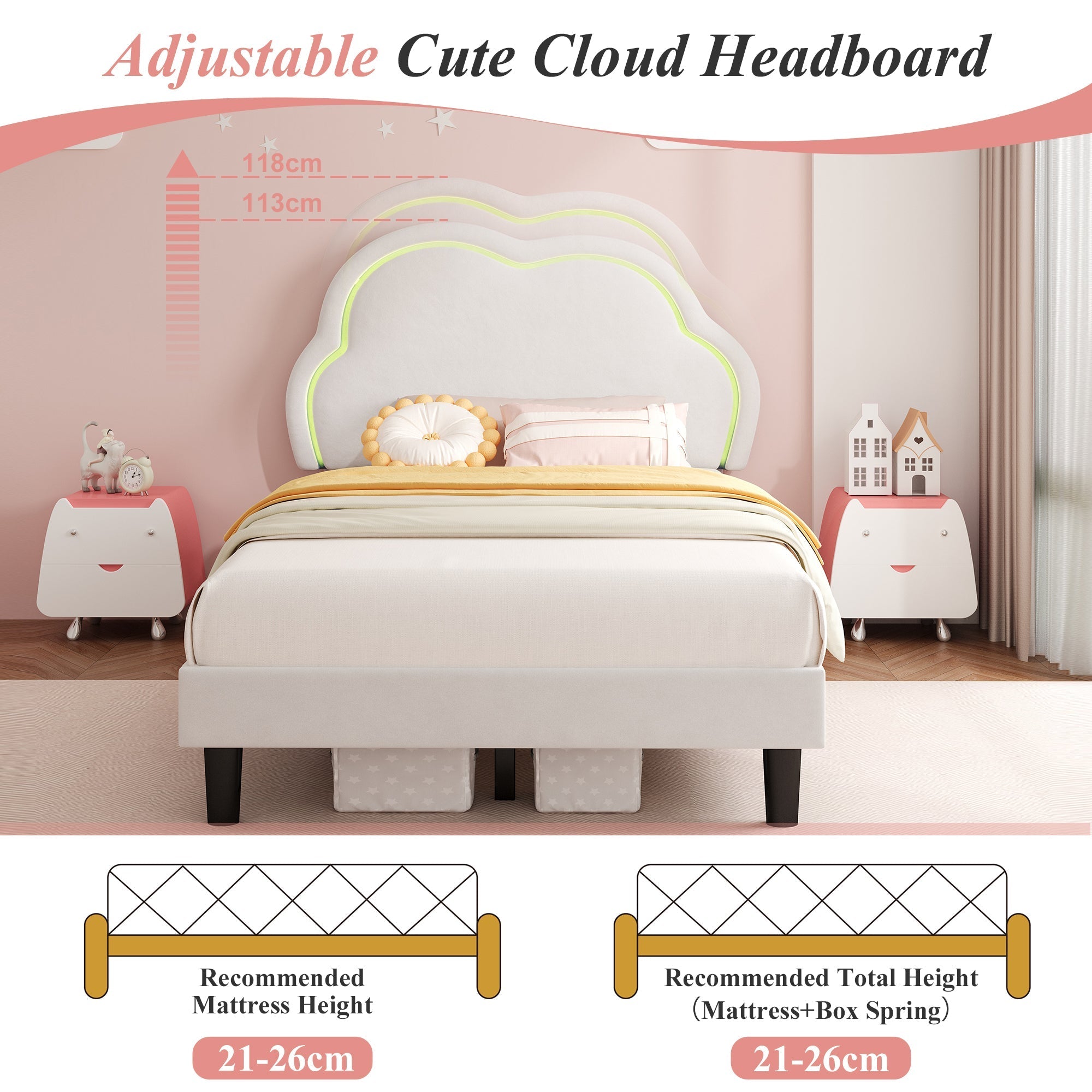3ft Single Upholstered Bed with LED Adjustable Cute Cloud Headboard, Soft Velvet Bed Frame with Solid Wood Slat, Cream White