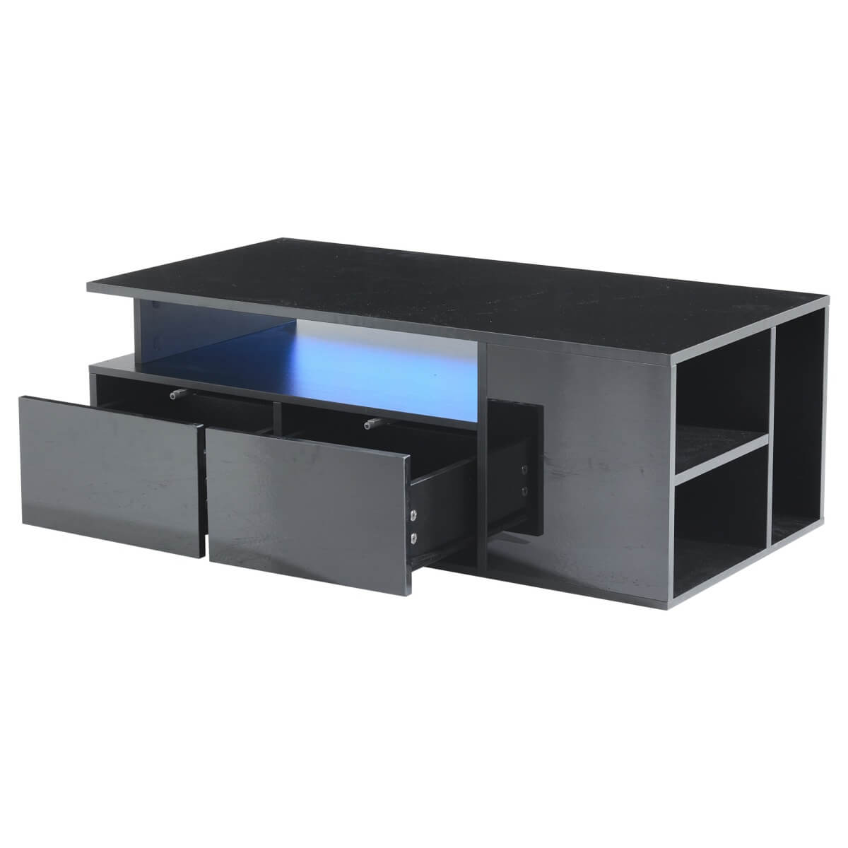 High Gloss Black Coffee Table with LED Lights — Storage Centre Table with 2 Drawers