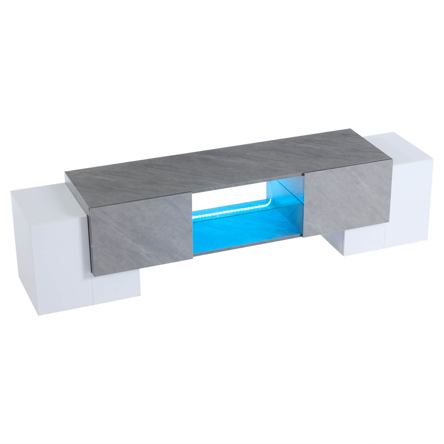 TV Stand with LED Lights – 4 Doors & 2 Open Storage Compartments, White & Grey MDF, 180x40x46.5cm, Fits Up to 80” TV