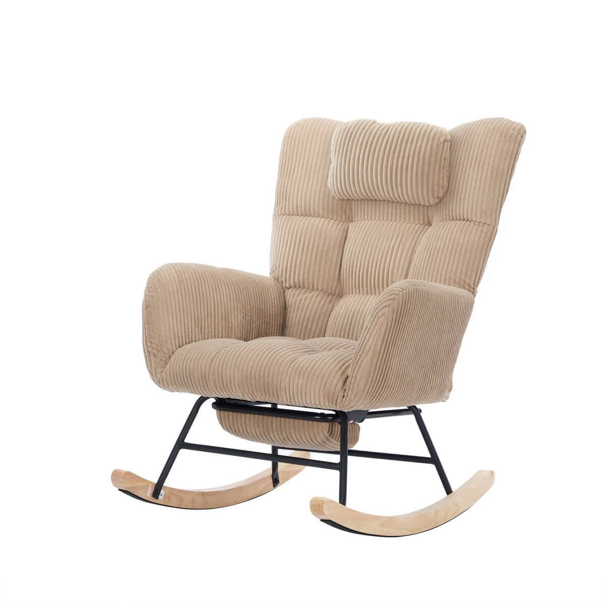 Rocking Chair with Adjustable Footrest & Headrest – Fabric Lounge Armchair with Wooden Legs, Side Pockets & High Backrest, for Nursery & Living Room