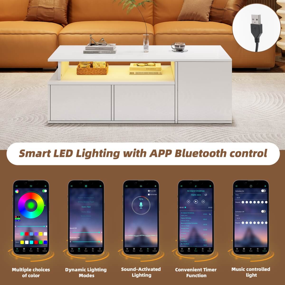 High Gloss Coffee Table with LED Lights - White Centre Table with 2 Drawers & Open Storage