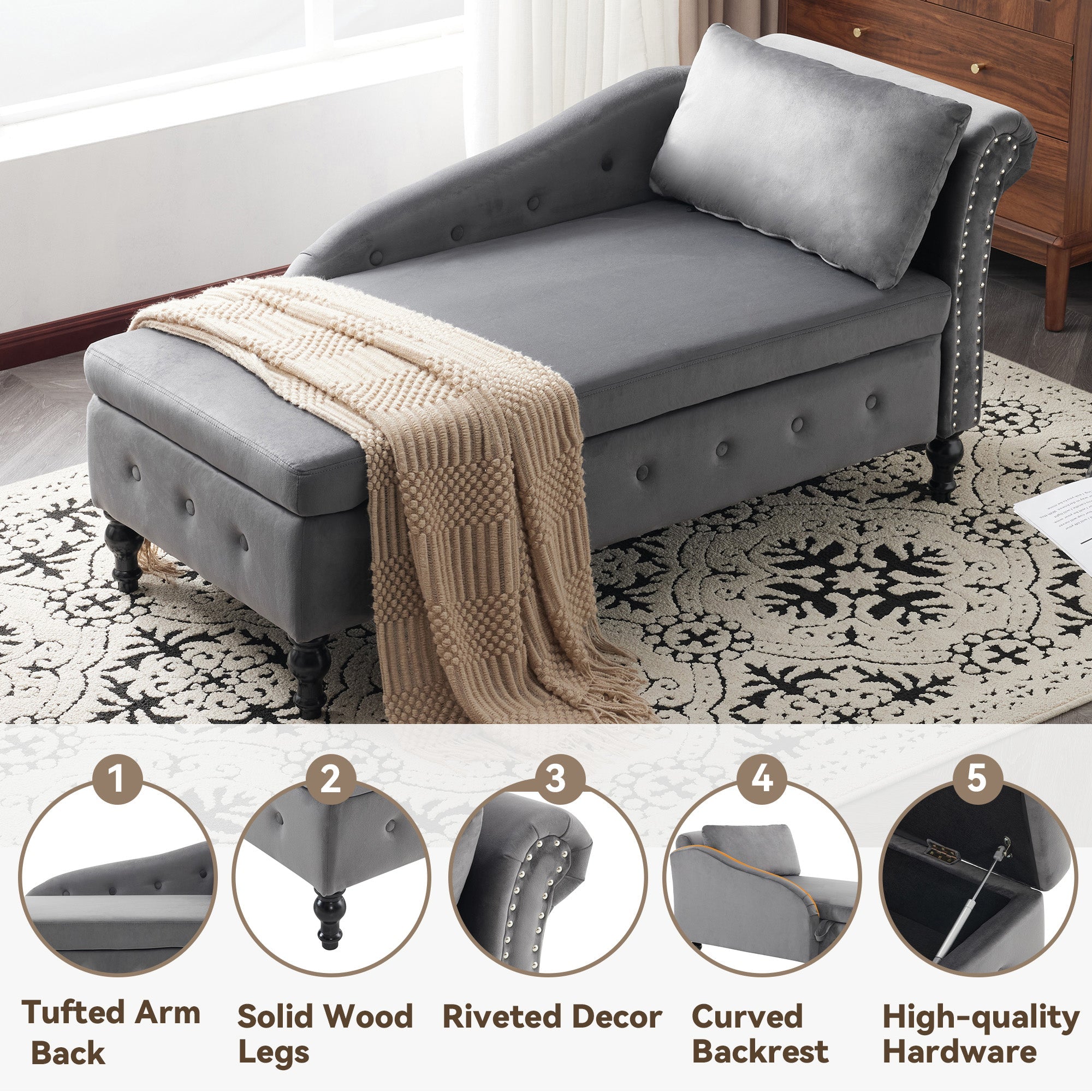 Velvet Chaise Lounge Sofa with Storage, Right Armrest