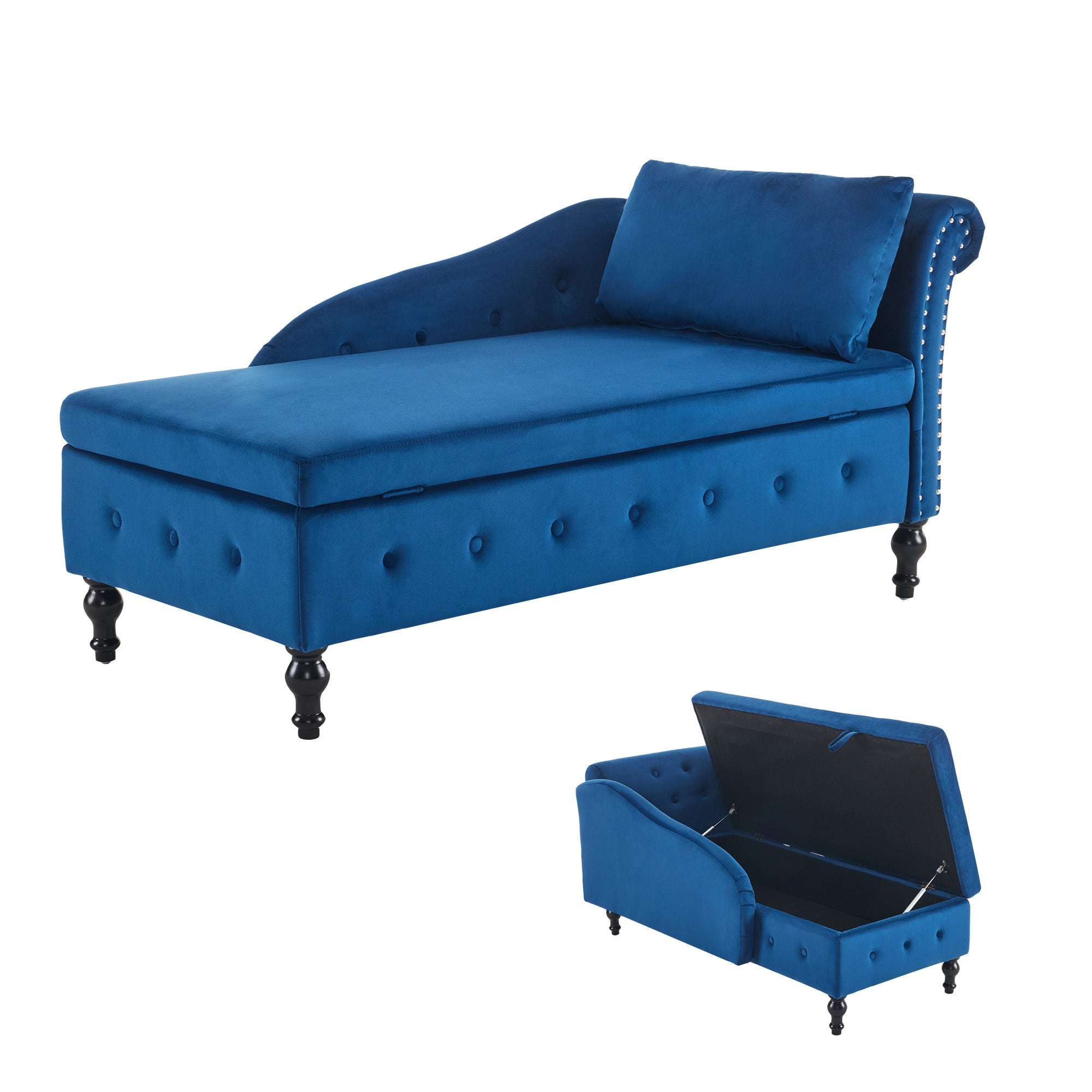 Velvet Chaise Lounge Sofa with Storage, Upholstered with Pillow, Modern Nailhead-Trim & Button-tufted, Right Armrest