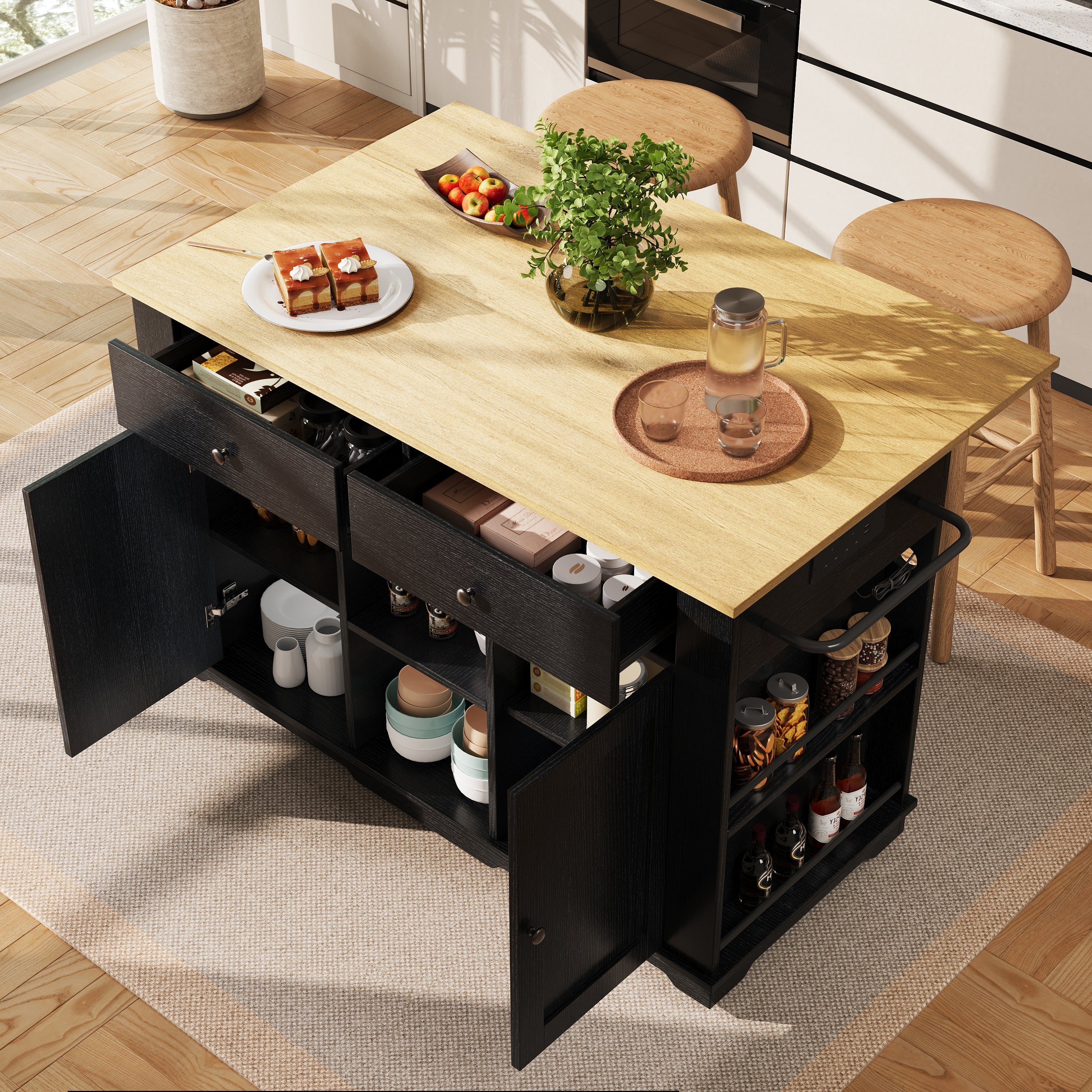 Kitchen Island with Power Strip and Wood Grain, Black