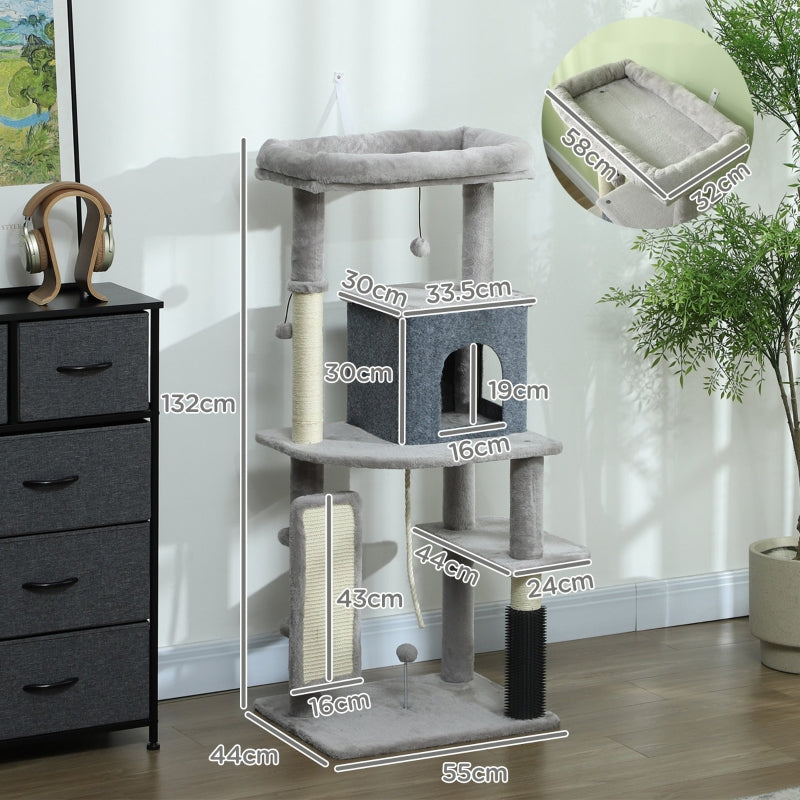 Cat Tree 132cm, with Scratching Posts, Pad, Cat Bed, Cat House, Jumping Platform, Grooming Brush, Anti-Tip Kit, Light Grey