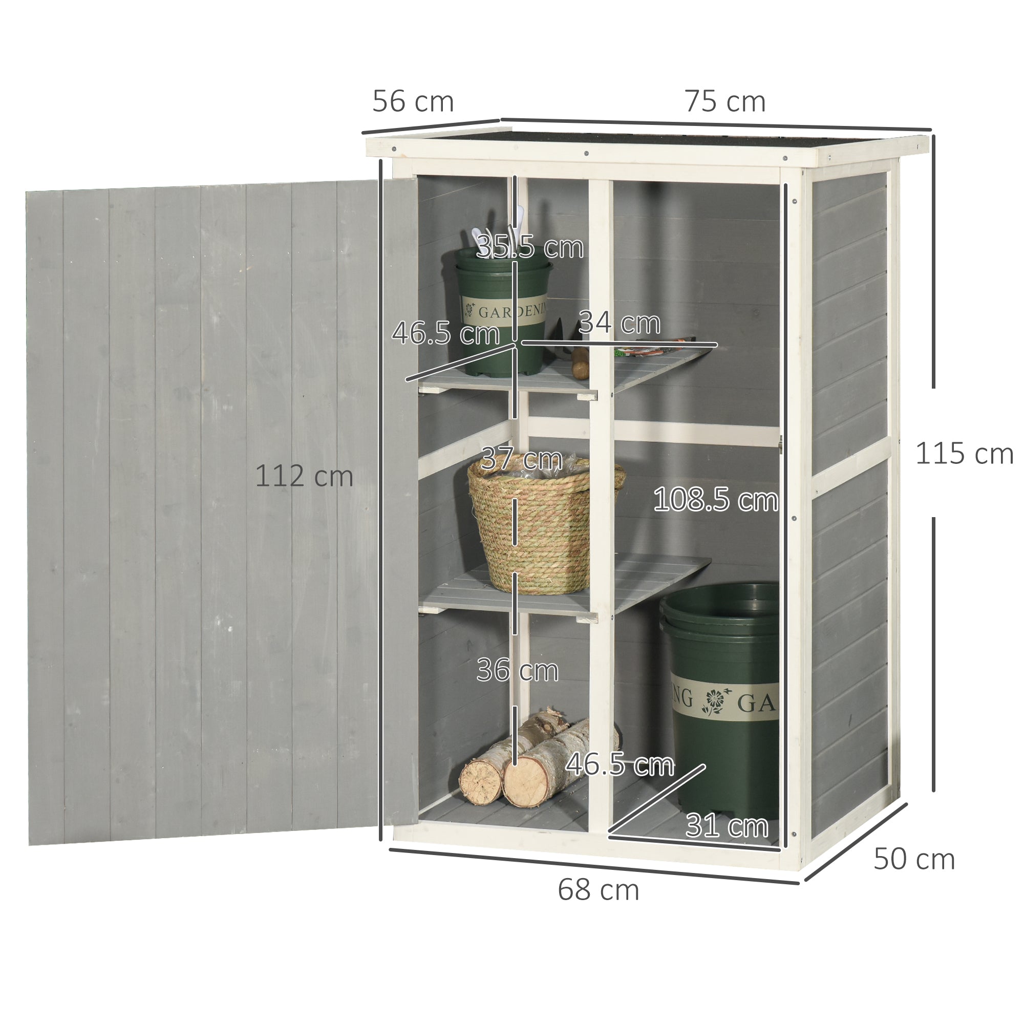Wooden Small Shed, Garden Storage with Shelves and Bolt Latch, Grey