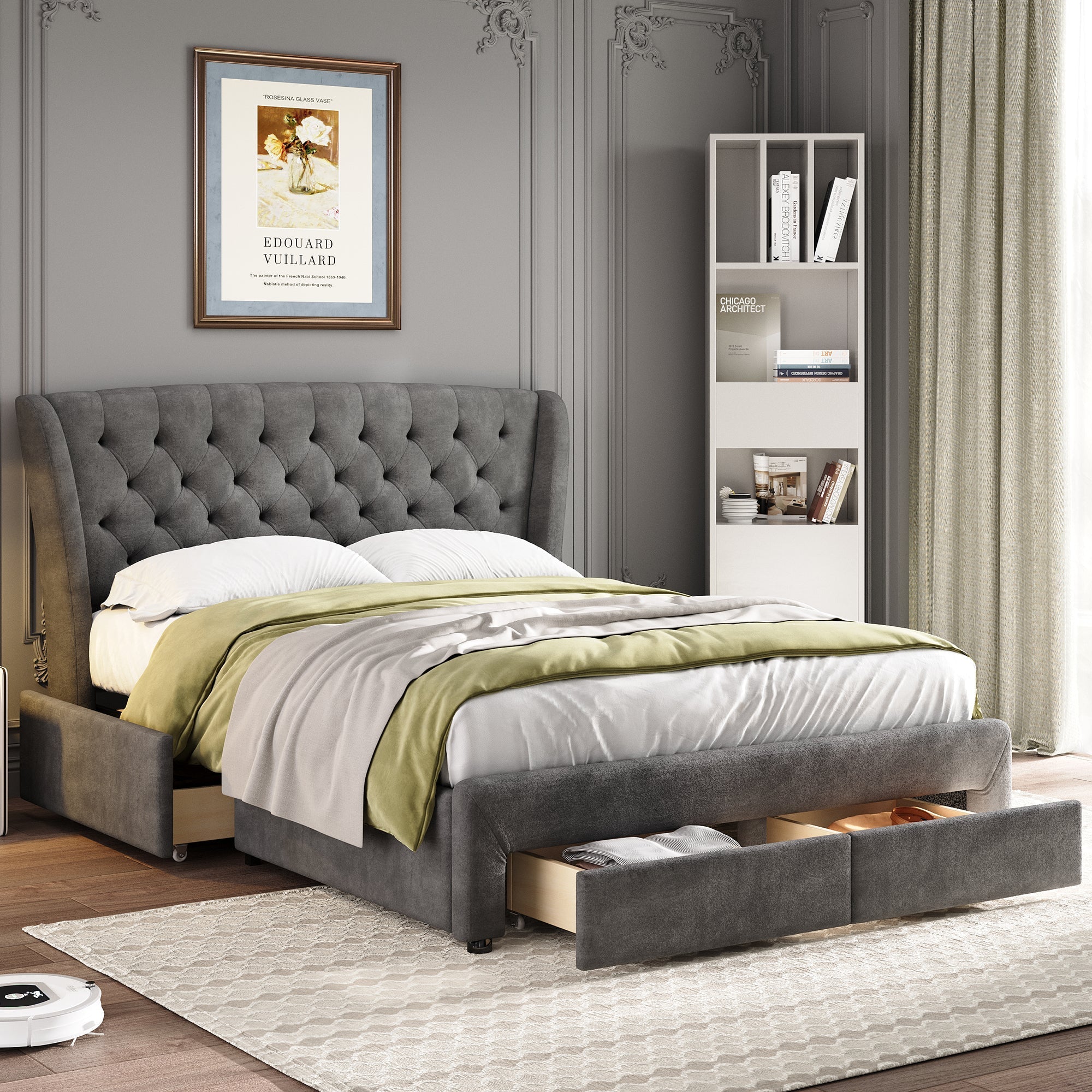 Upholstered Storage Bed 4ft6 Double with 4 Drawers, Soft Backrest & Metal Slats, Snowflake Fleece Grey