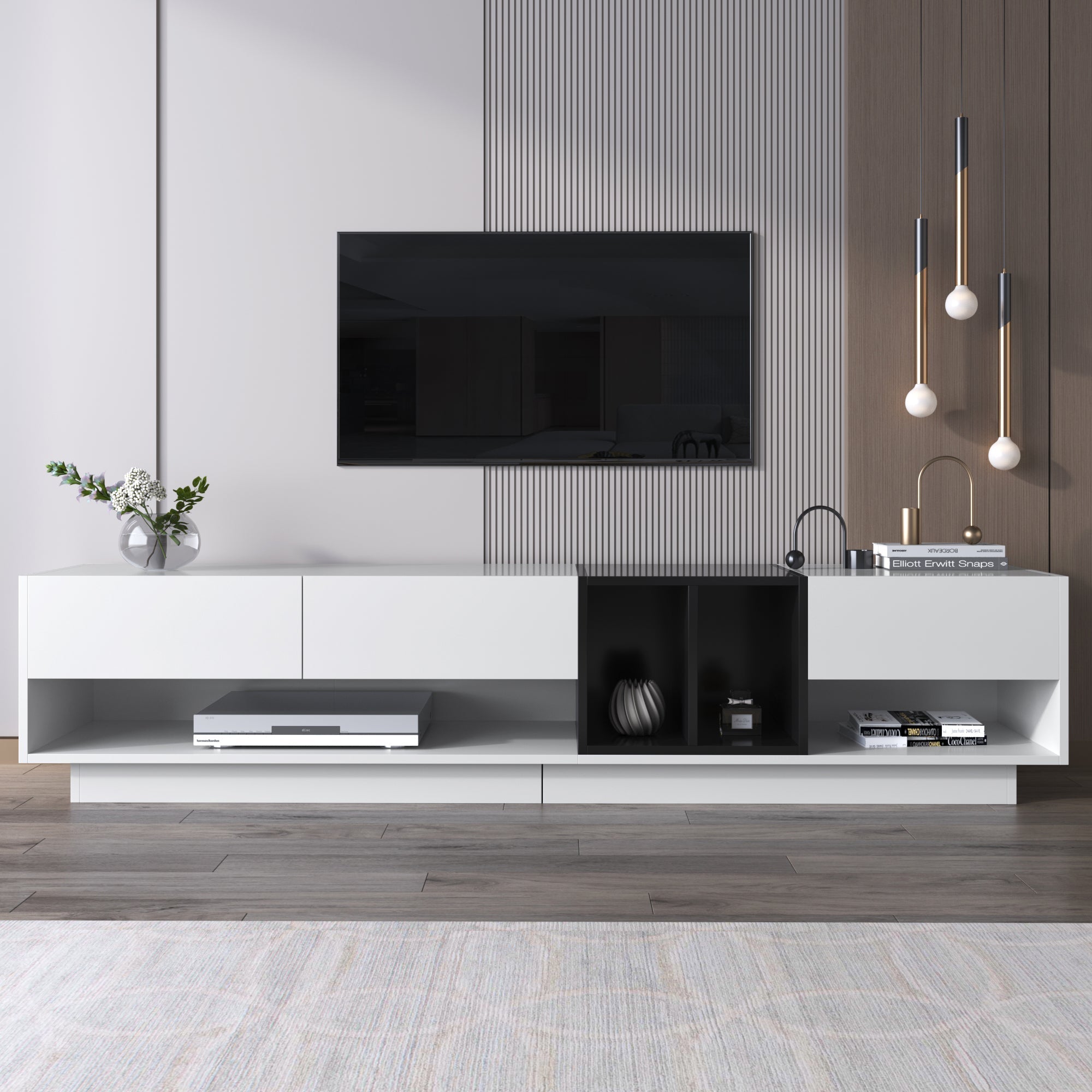 TV cabinet lowboard combination, color-blocking design with drawers and compartments, high-gloss white and black