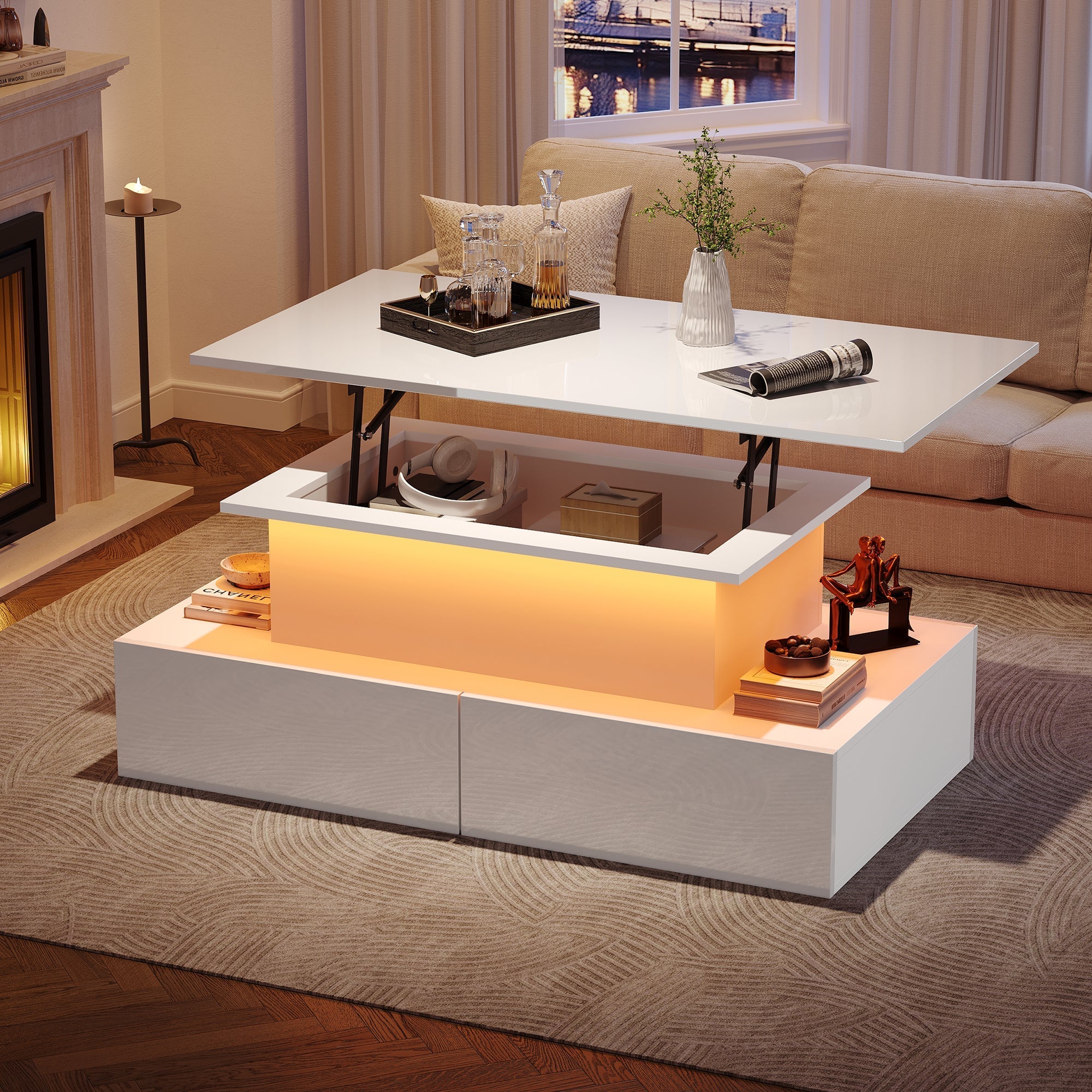 LED High Gloss Coffee Table with 4 Drawers, Lift Top Coffee Table, Wood Lifting Table Tea with Storage,Rectangular Coffee Table with Storage, 90 x 55 x 42.5 cm, White