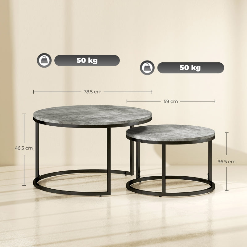 Set of Two Stacking Tables - Marble-Effect, Grey/Black