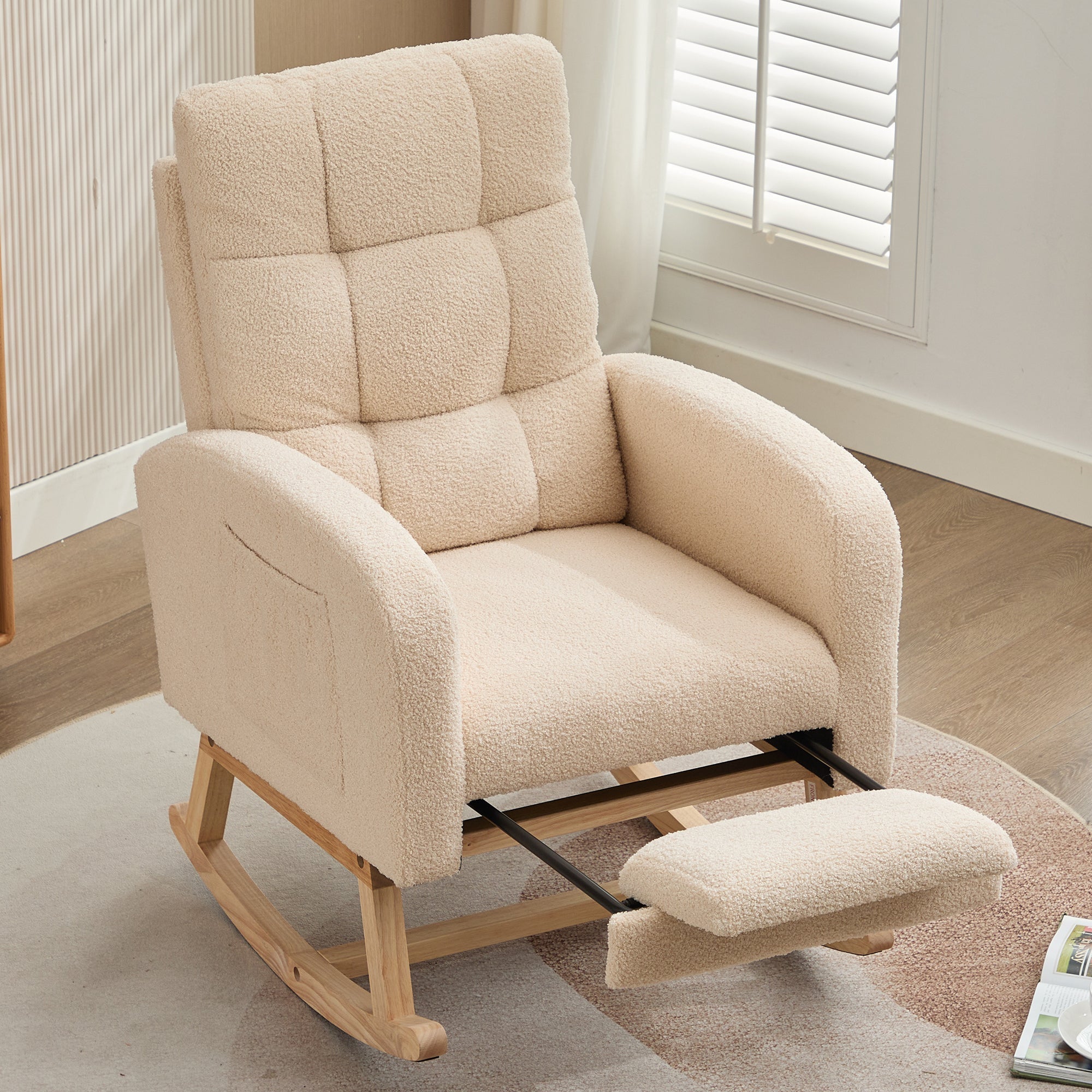 Rocking Chair with Adjustable Footrest and High Backrest, Beige Teddy Fabric