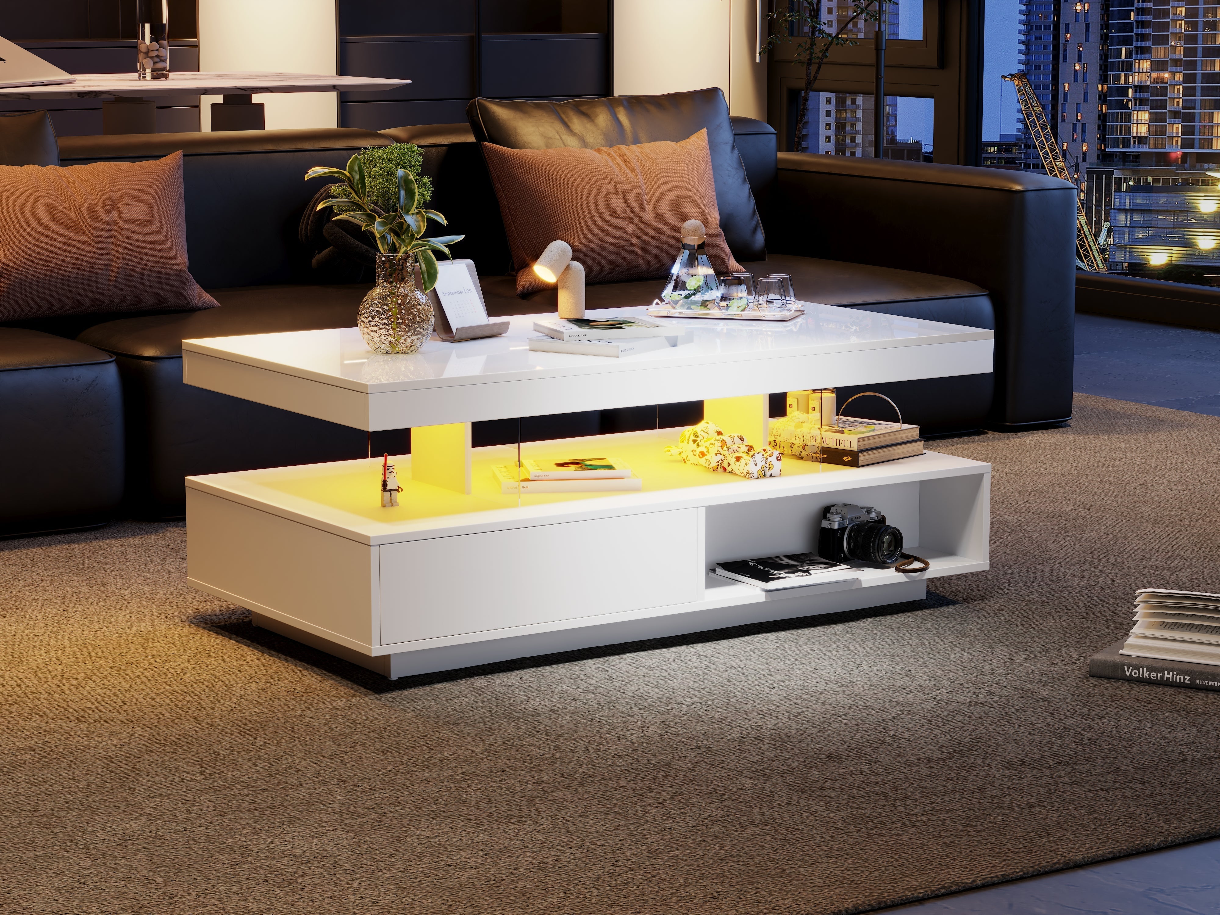 Led Coffee Table with 2 Drawer Storage, High Gloss with 16-Color Led Lights, White