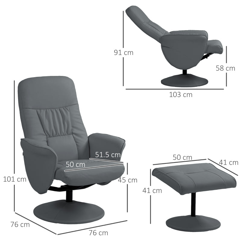 Swivel Recliner Chair and Footstool with High Back, PU Leather, Grey