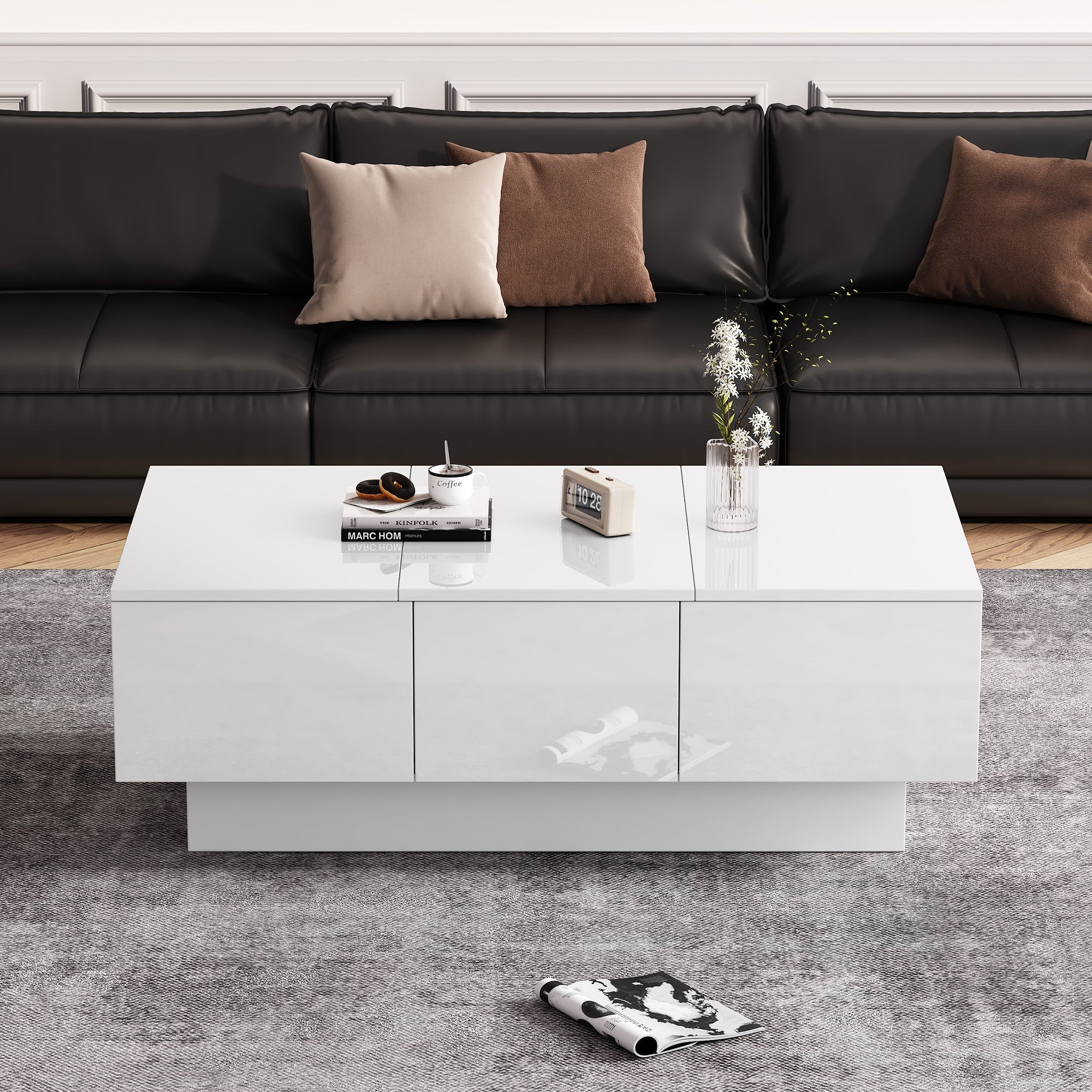 Coffee Table for Living Room, Modern Side Table with 2 Drawers and 2 Big Storage Space, White High Gloss Particle Board