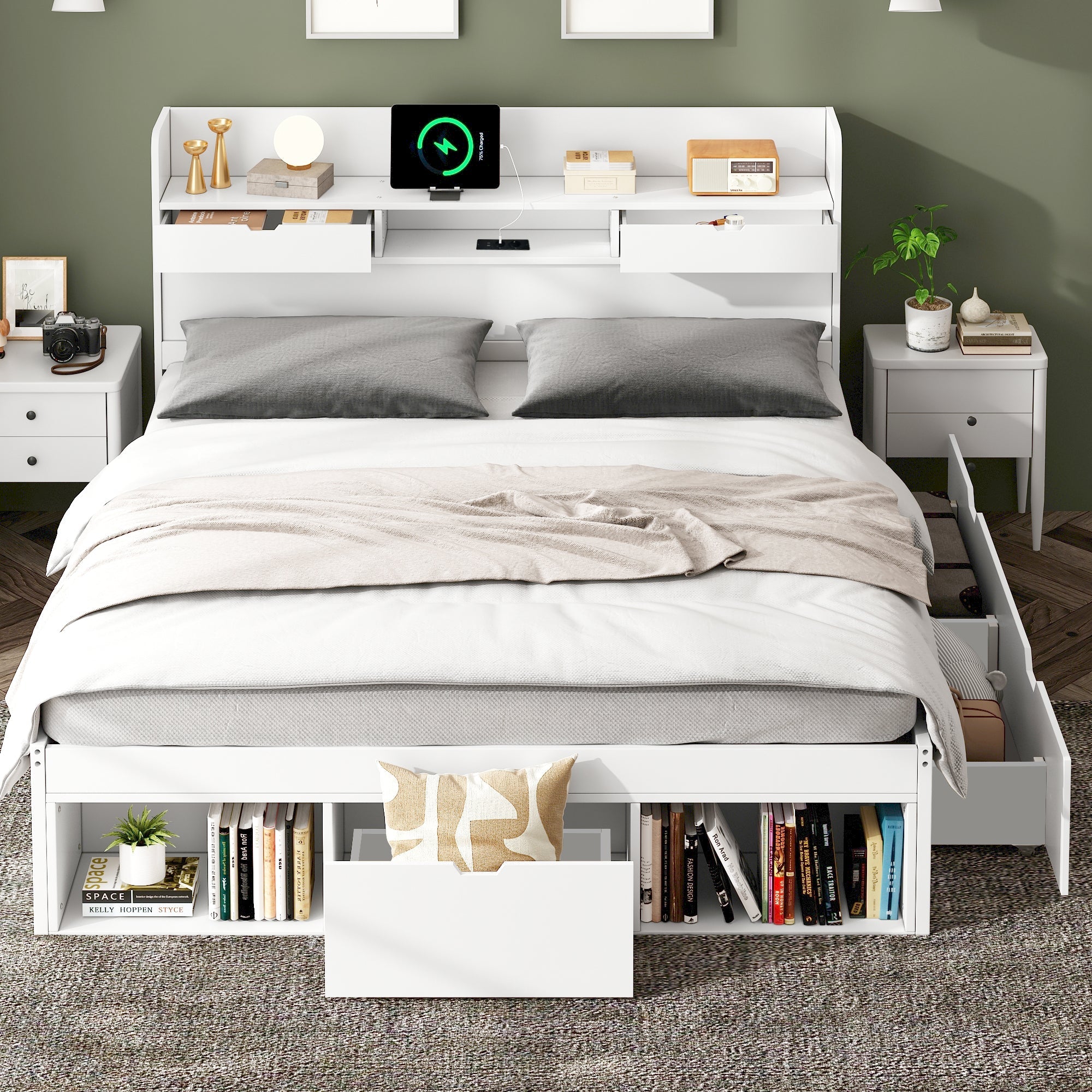 Double Bed 4ft6 (135*190cm) with USB Port, Drawers & Storage Cabinet, White