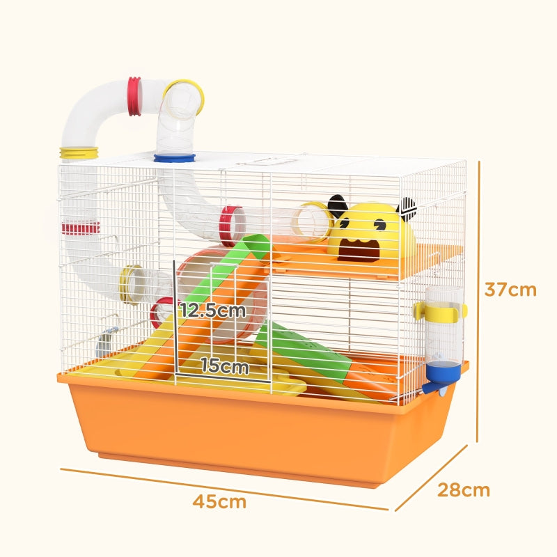 Gerbil/Hamster Cage with Tubes, Wheel, Ladder, Top Handle - Orange