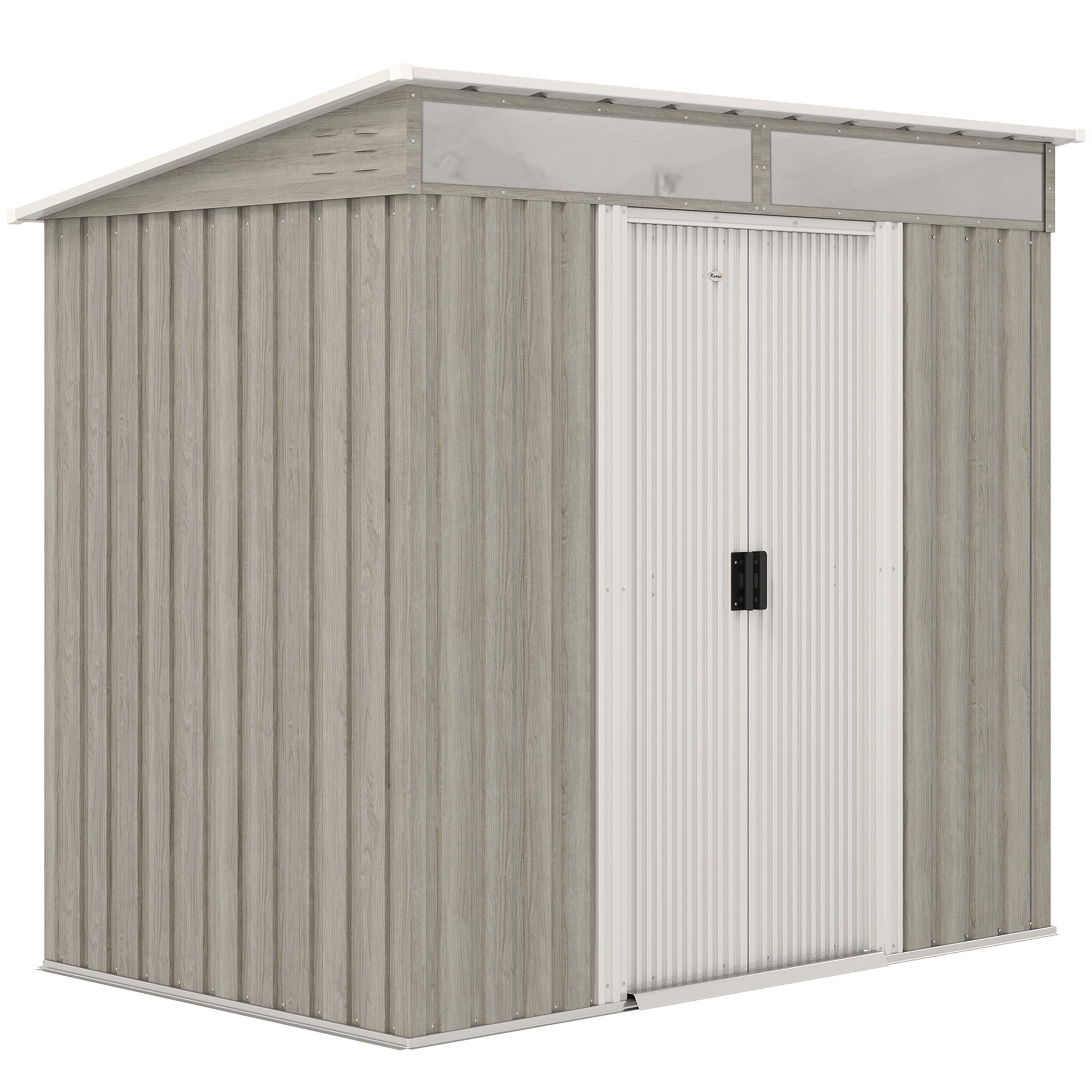 Metal Shed 6.5 x 4FT Galvanised, Lockable Tool Garden Shed with Double Sliding Doors, Vents, Light Grey Wood Effect