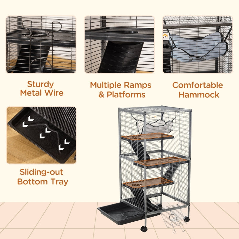 Small Animal Cage with Wheels, Hammock, 4 Platforms, Removable Tray, Silver