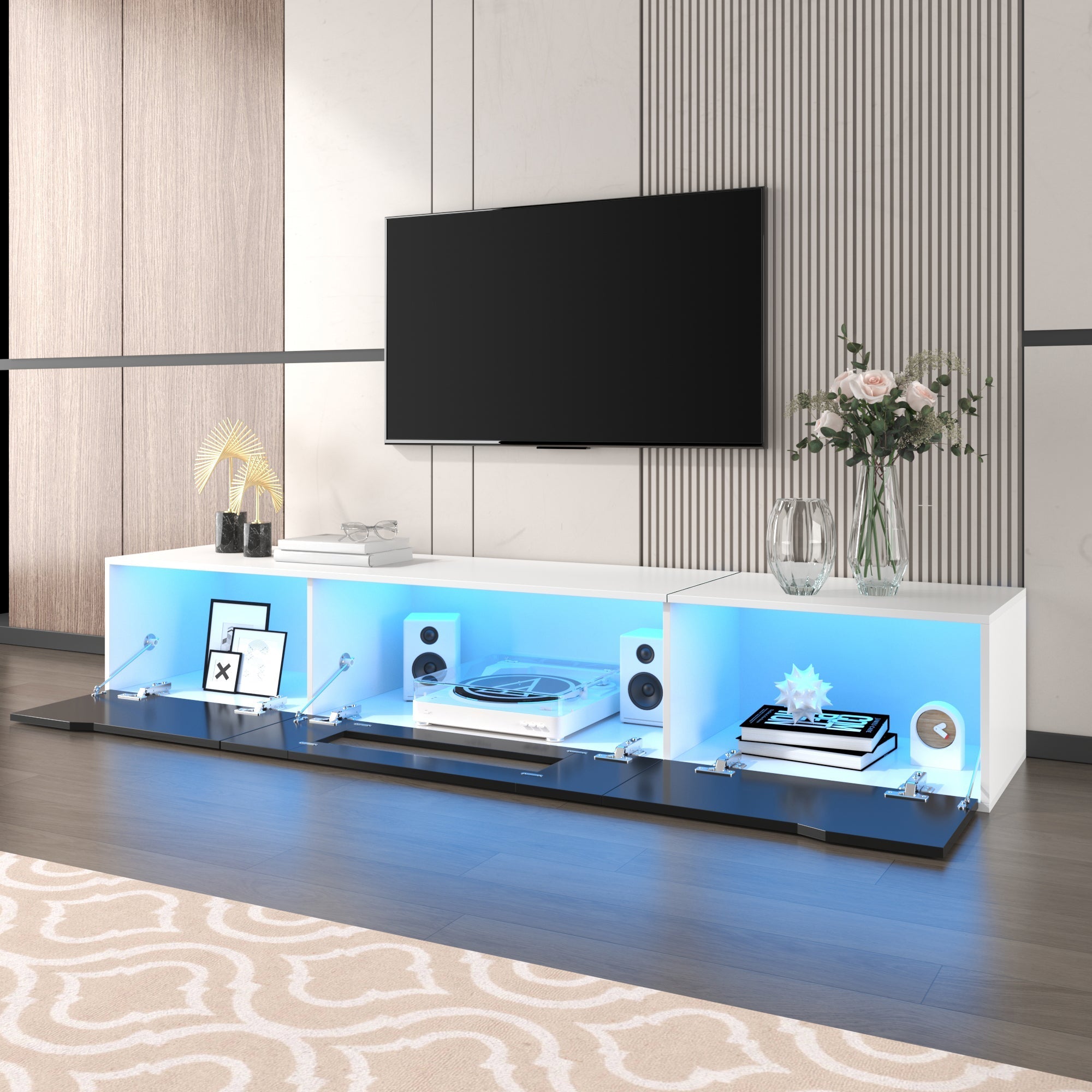 TV cabinet, high-gloss, white and black, with color-changing LED lights