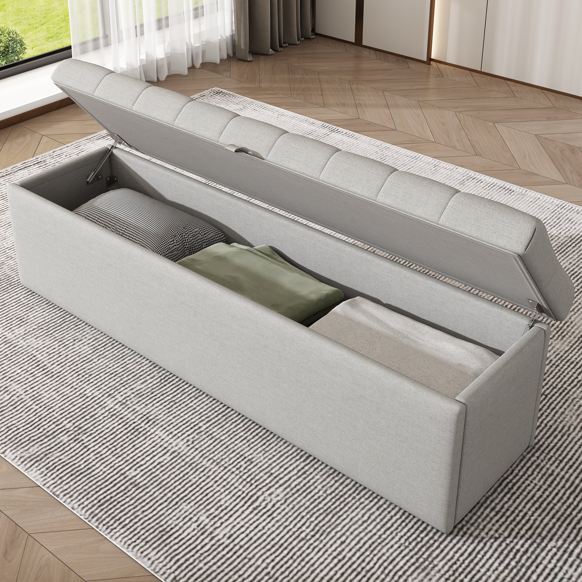 Linen Upholstered Bench with Storage Space, Light Grey
