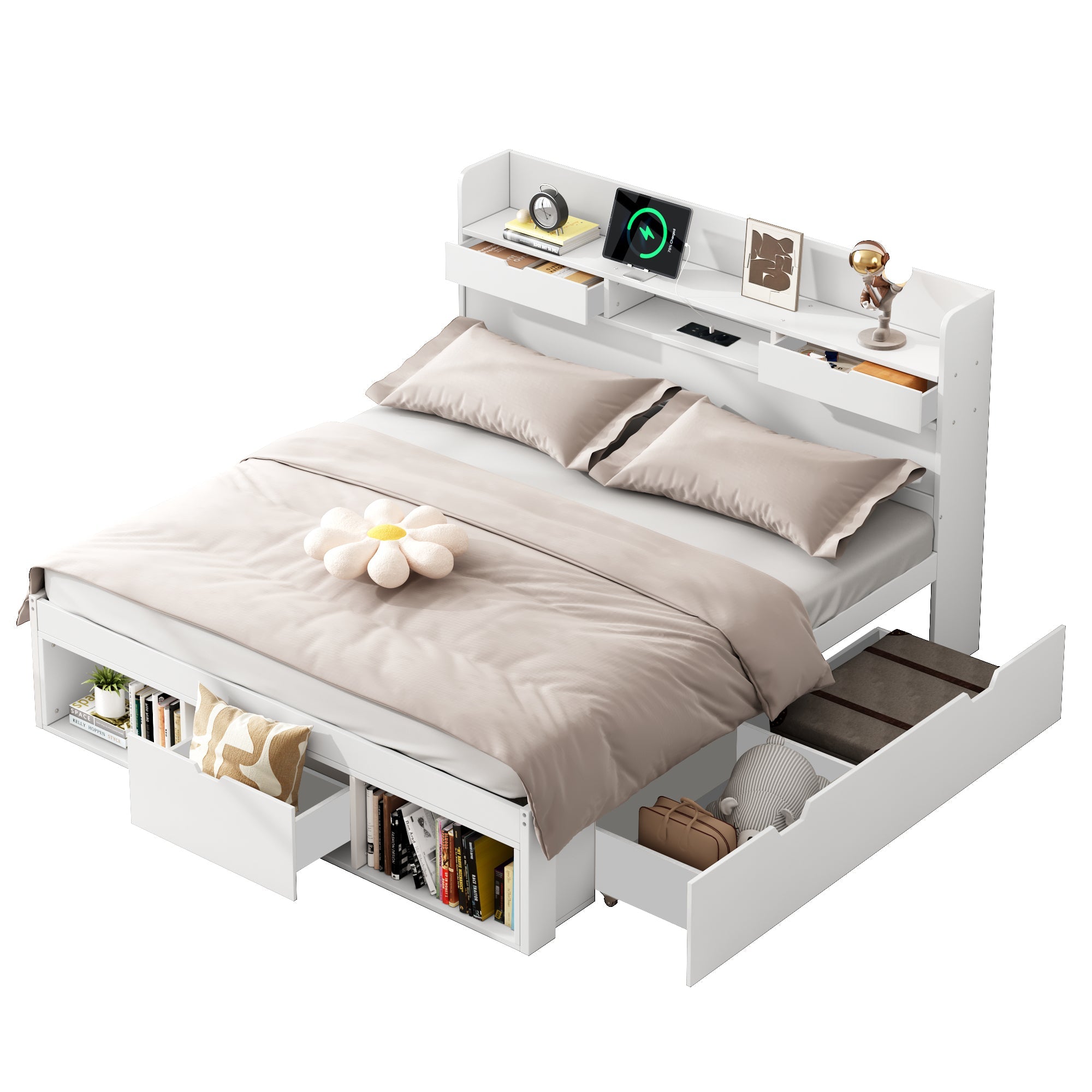 Double Bed 4ft6 (135*190cm) with USB Port, Drawers & Storage Cabinet, White