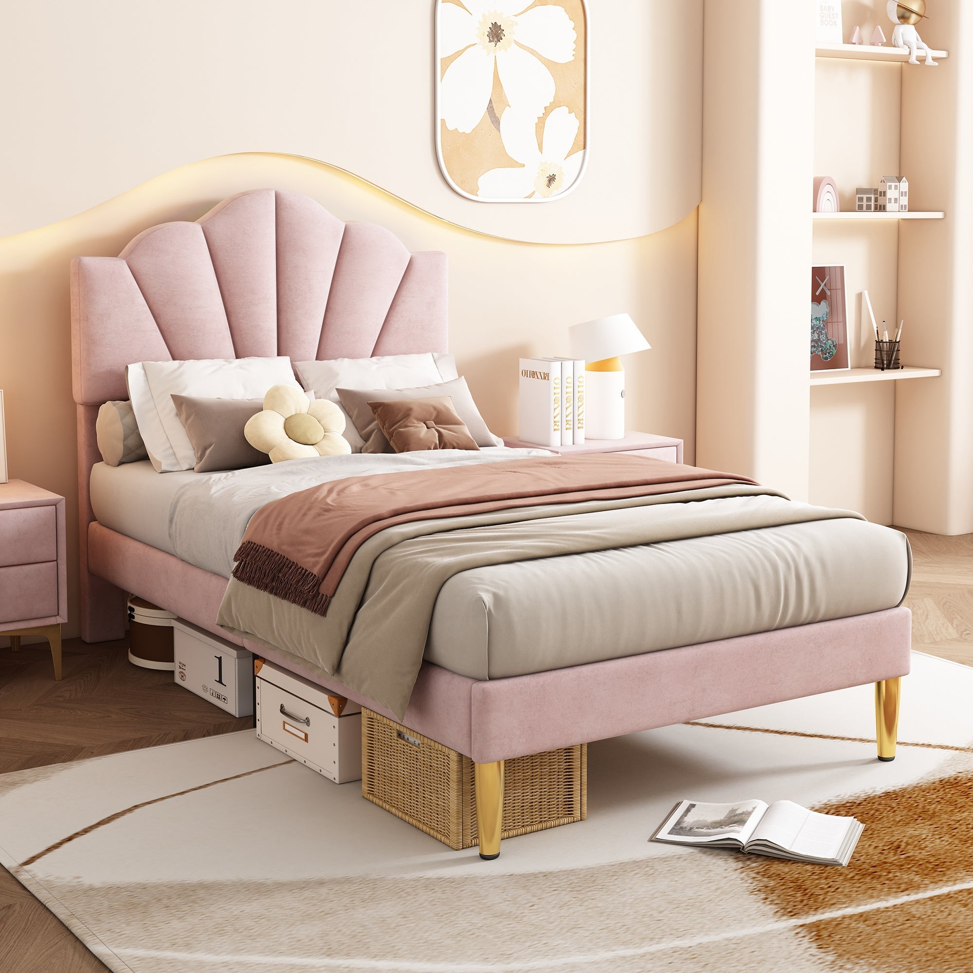 Velvet Upholstered Single Bed - 3ft (90*190cm) with Shell-like Design, Golden Iron Legs, Height-Adjustable Headboard, Wooden Slatted Frame, Pink