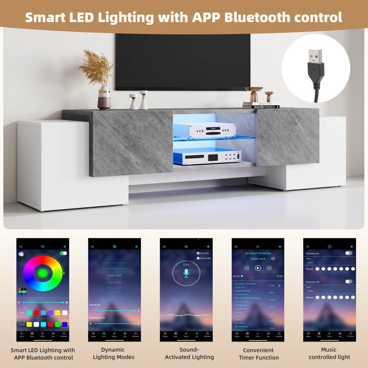 TV Stand with LED Lights – 4 Doors & 2 Open Storage Compartments, White & Grey MDF, 180x40x46.5cm, Fits Up to 80” TV