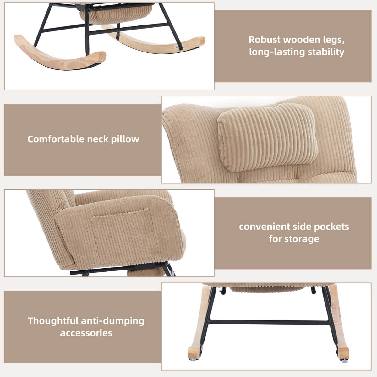 Rocking Chair with Adjustable Footrest & Headrest – Fabric Lounge Armchair with Wooden Legs, Side Pockets & High Backrest, for Nursery & Living Room