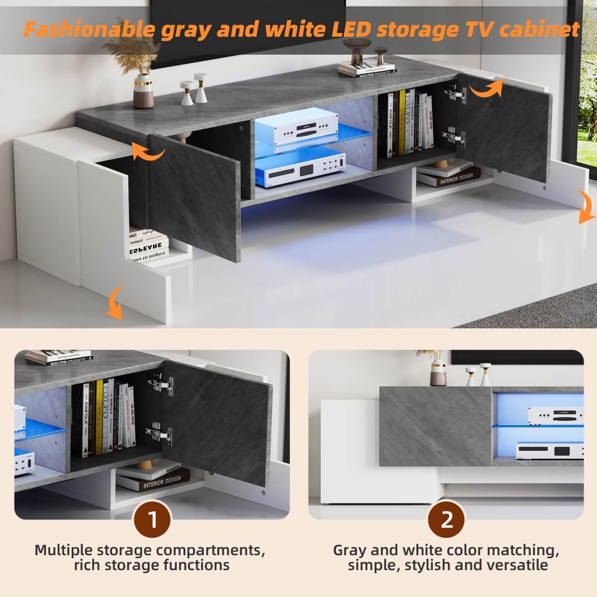 TV Stand with LED Lights – 4 Doors & 2 Open Storage Compartments, White & Grey MDF, 180x40x46.5cm, Fits Up to 80” TV