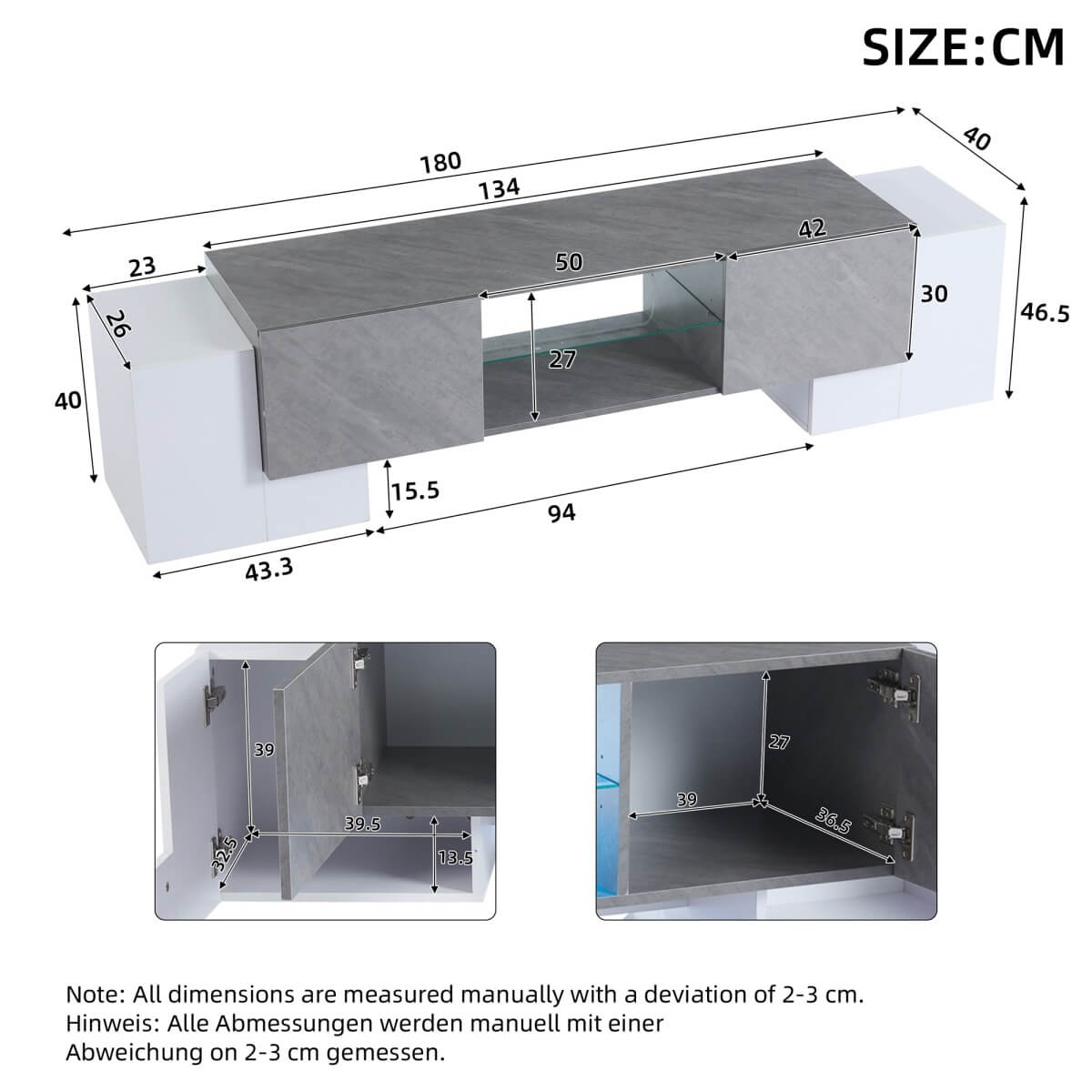 TV Stand with LED Lights – 4 Doors & 2 Open Storage Compartments, White & Grey MDF, 180x40x46.5cm, Fits Up to 80” TV