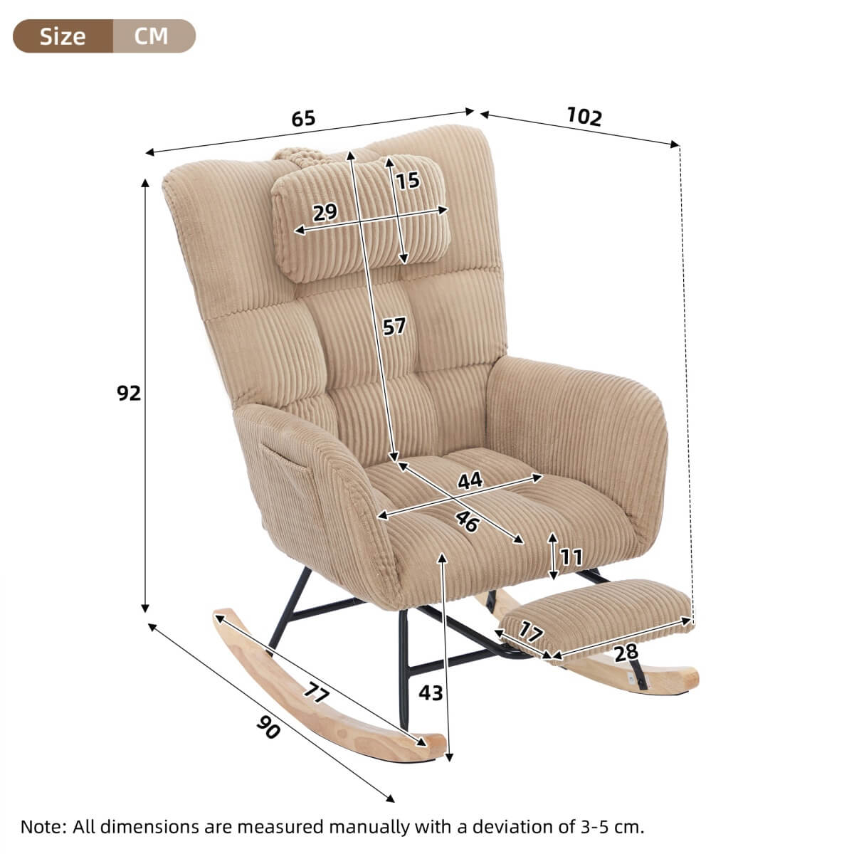 Rocking Chair with Adjustable Footrest & Headrest – Fabric Lounge Armchair with Wooden Legs, Side Pockets & High Backrest, for Nursery & Living Room
