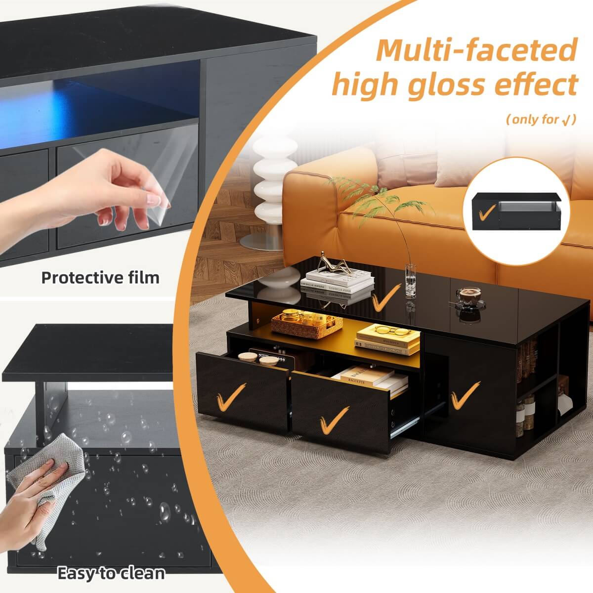 High Gloss Black Coffee Table with LED Lights — Storage Centre Table with 2 Drawers