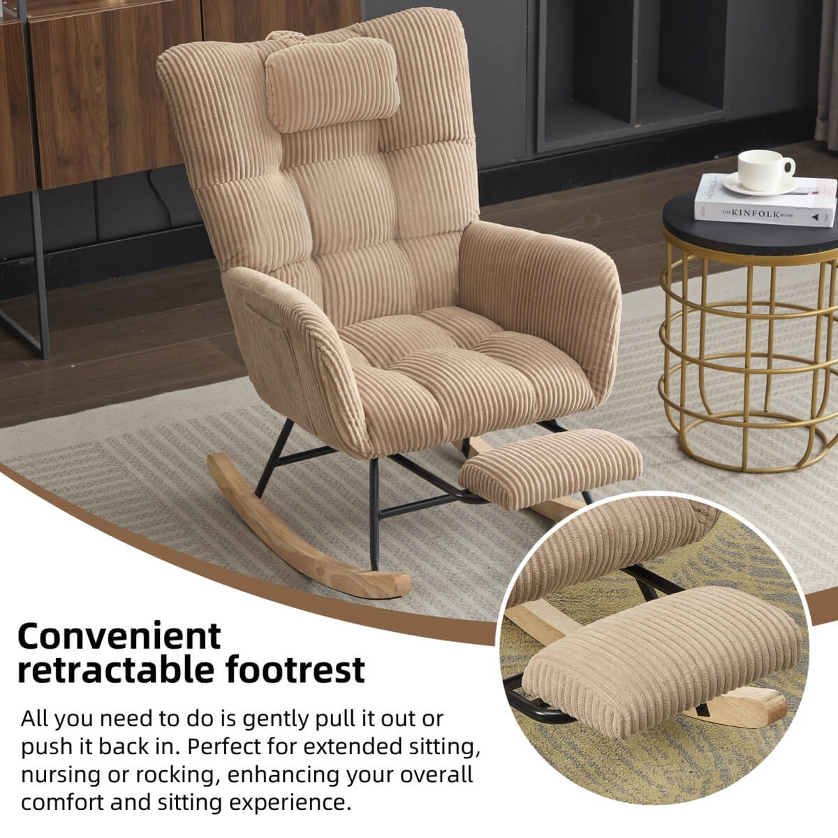 Rocking Chair with Adjustable Footrest & Headrest – Fabric Lounge Armchair with Wooden Legs, Side Pockets & High Backrest, for Nursery & Living Room