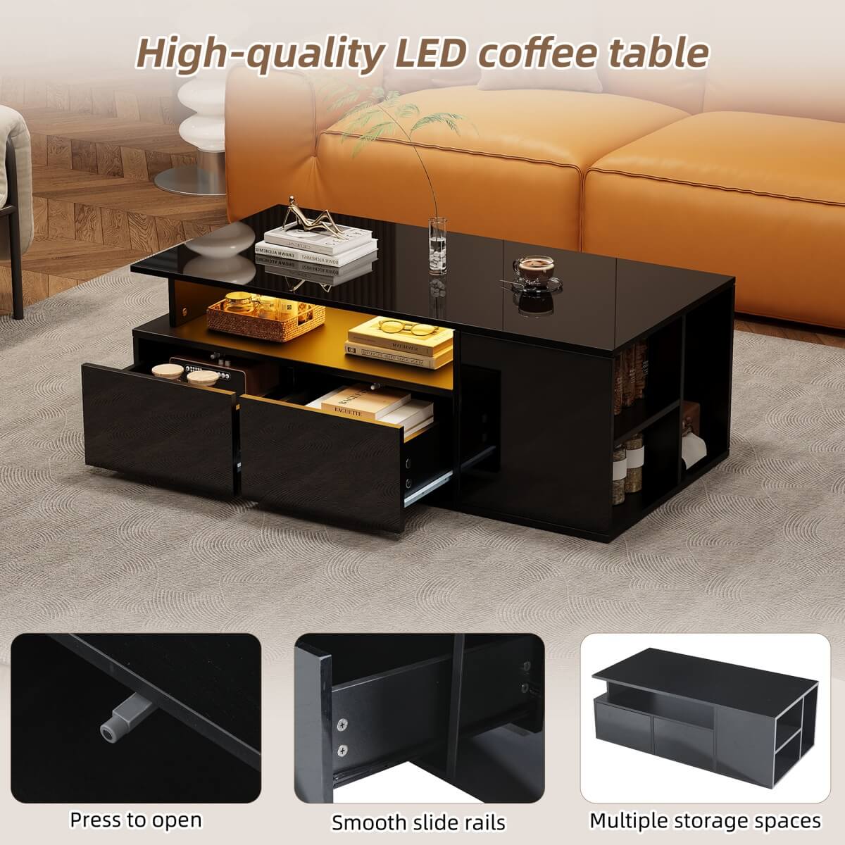 High Gloss Black Coffee Table with LED Lights — Storage Centre Table with 2 Drawers
