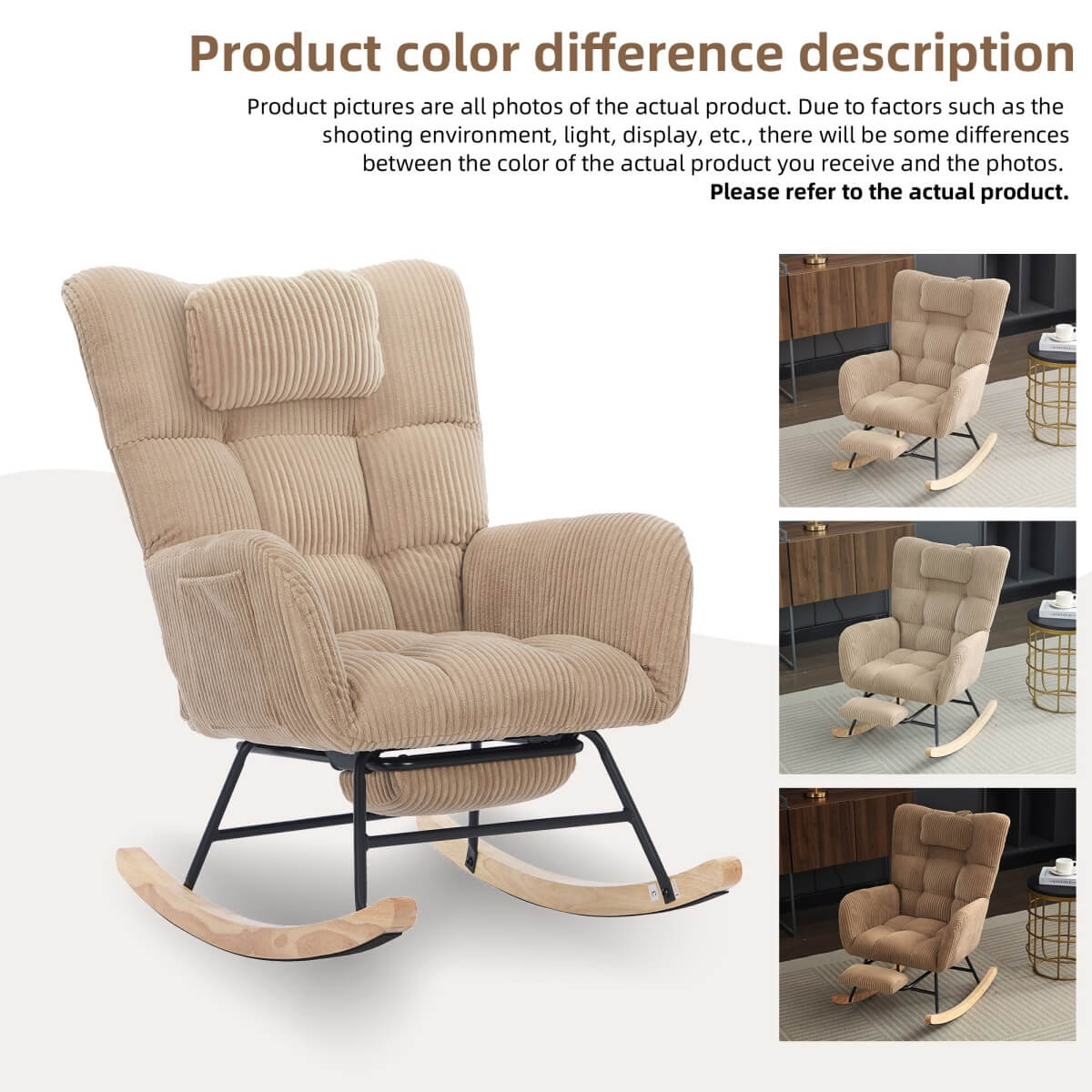 Rocking Chair with Adjustable Footrest & Headrest – Fabric Lounge Armchair with Wooden Legs, Side Pockets & High Backrest, for Nursery & Living Room