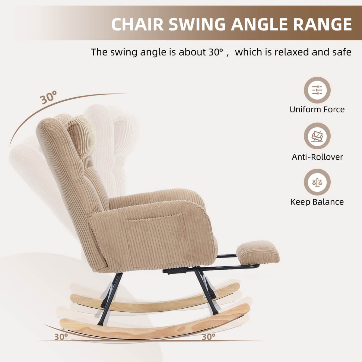 Rocking Chair with Adjustable Footrest & Headrest – Fabric Lounge Armchair with Wooden Legs, Side Pockets & High Backrest, for Nursery & Living Room