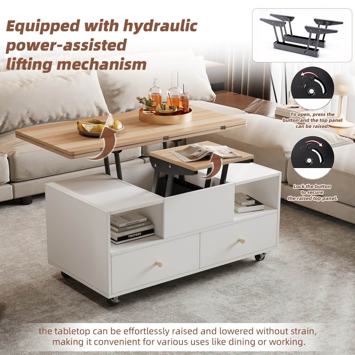 Lift-Top Coffee Table with Storage & Wheels – Extendable Dual Platform Living Room Centre Table