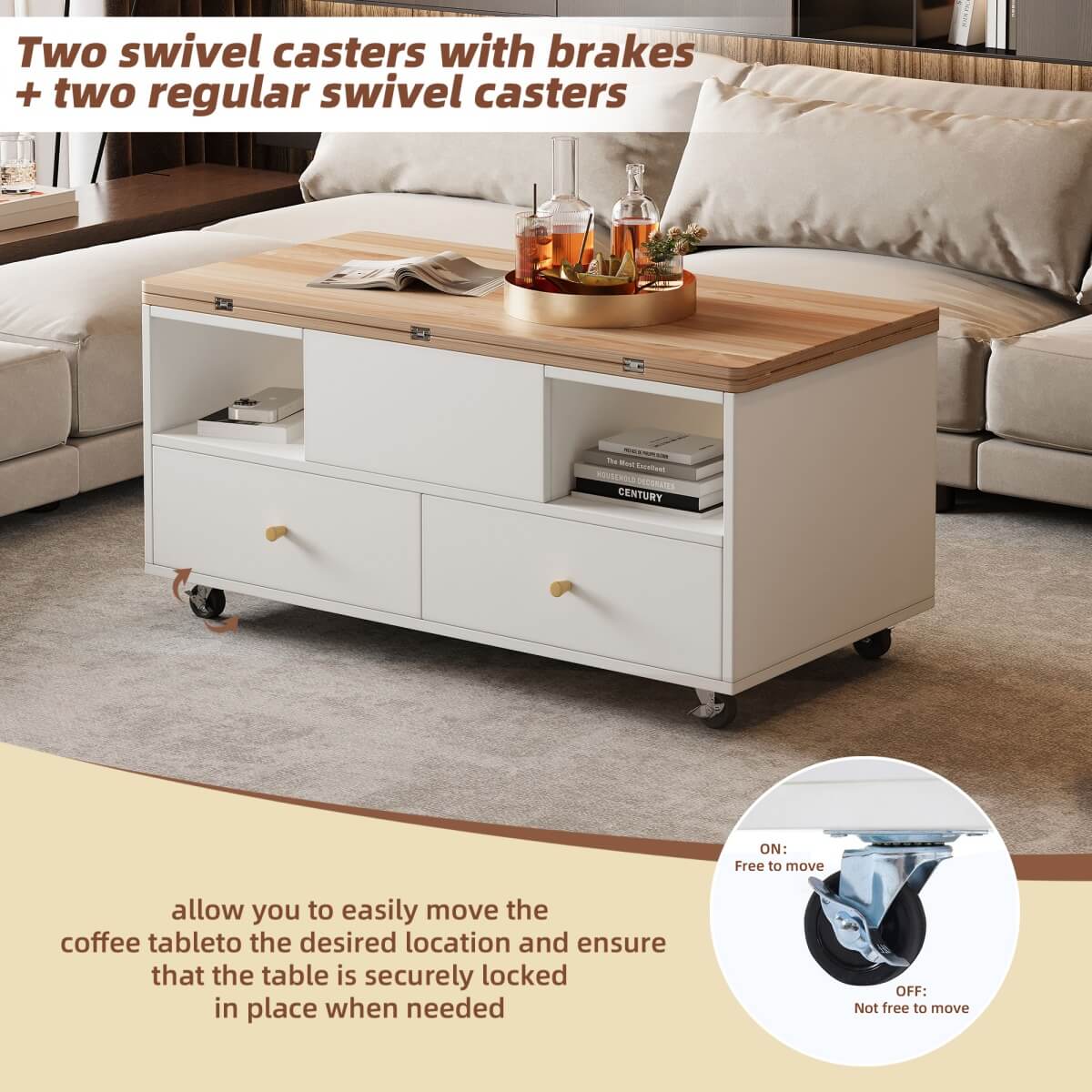 Lift-Top Coffee Table with Storage & Wheels – Extendable Dual Platform Living Room Centre Table