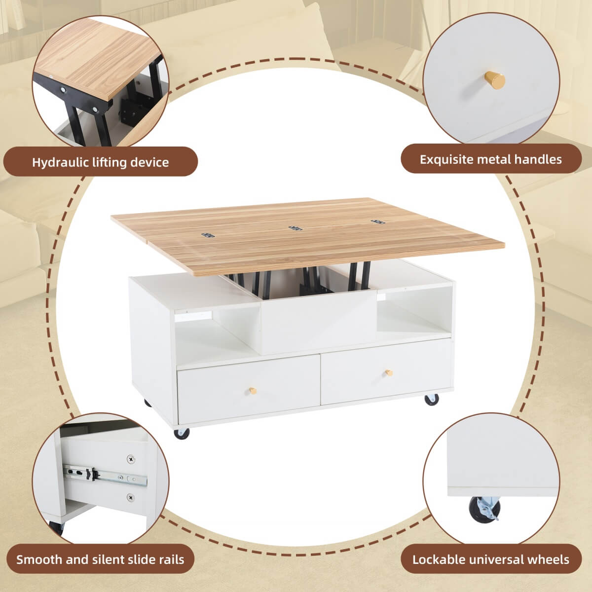 Lift-Top Coffee Table with Storage & Wheels – Extendable Dual Platform Living Room Centre Table