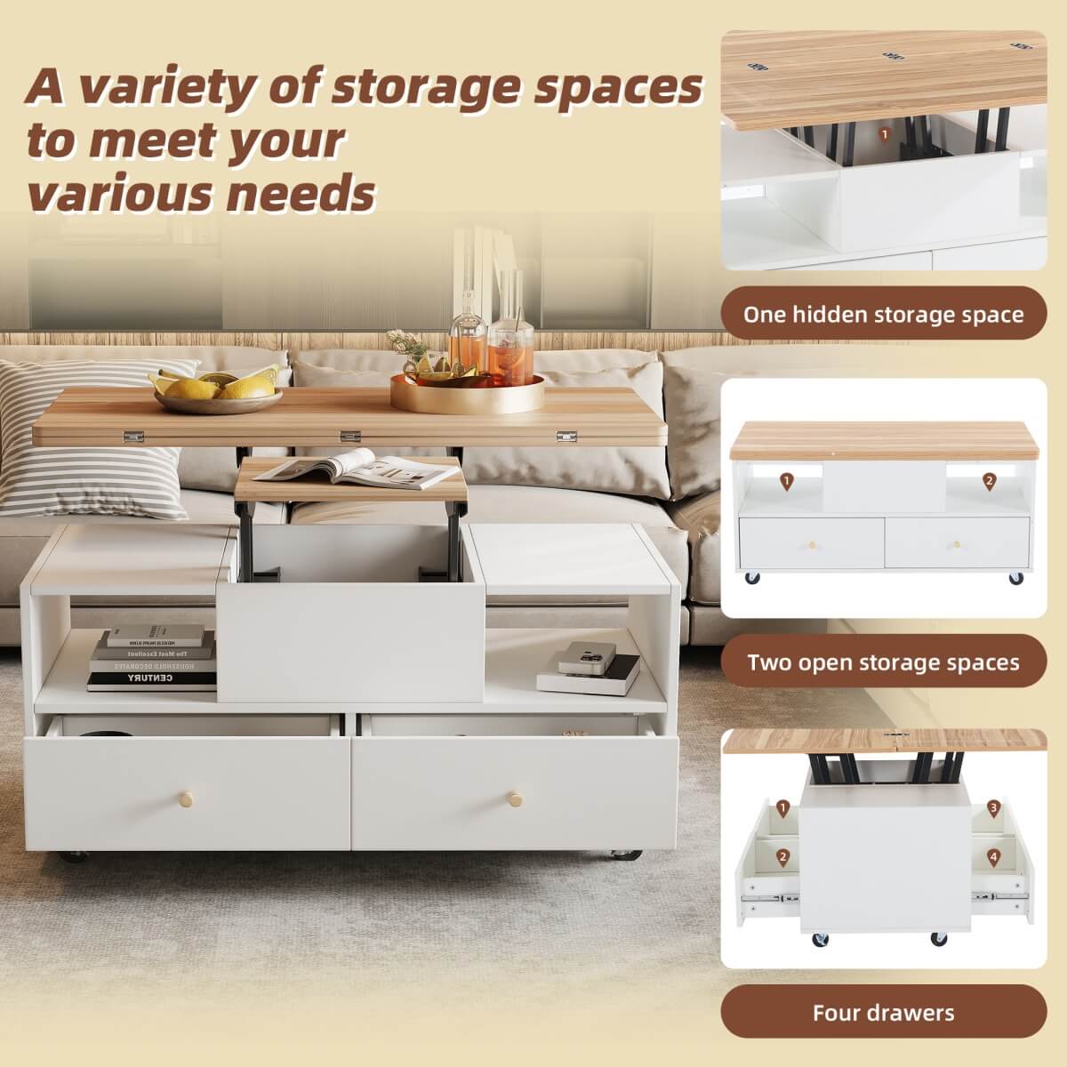 Lift-Top Coffee Table with Storage & Wheels – Extendable Dual Platform Living Room Centre Table