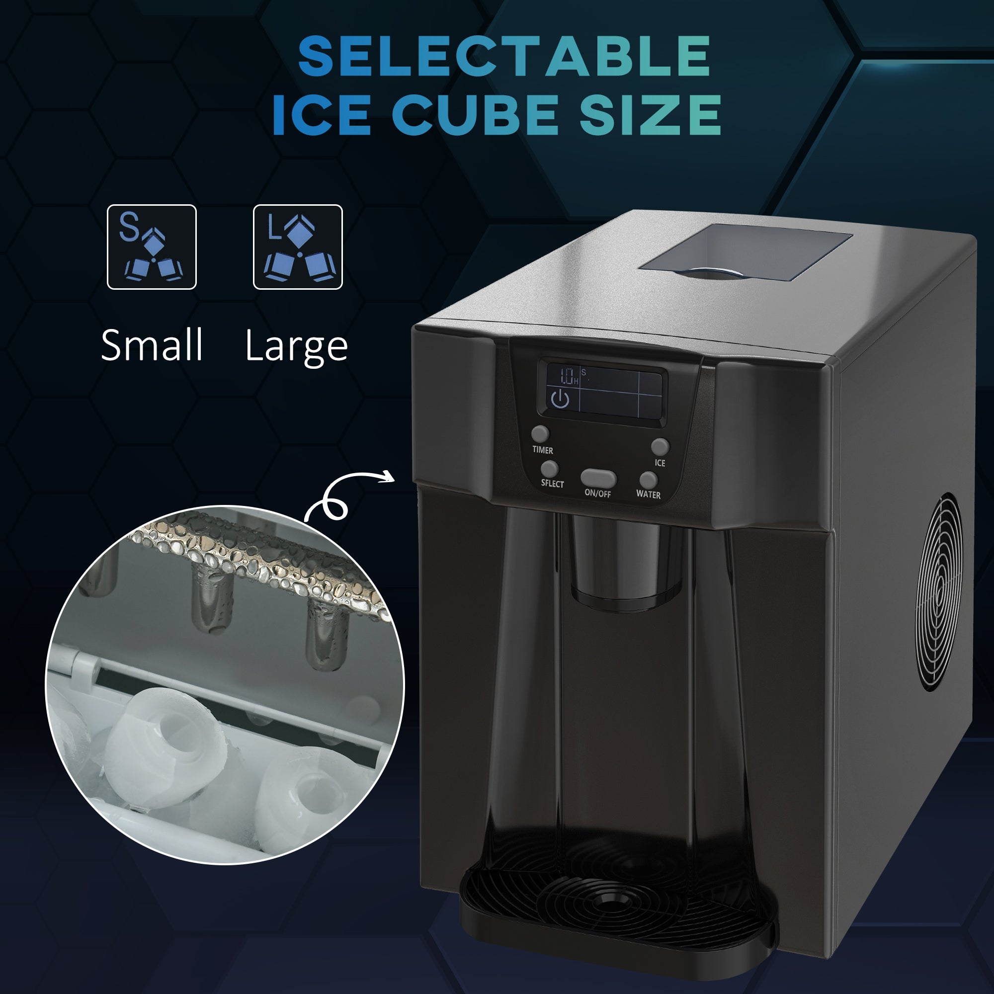 Ice Maker Machine and Water Dispenser, Counter Top with 3L Tank, Adjustable Cube Size, Black