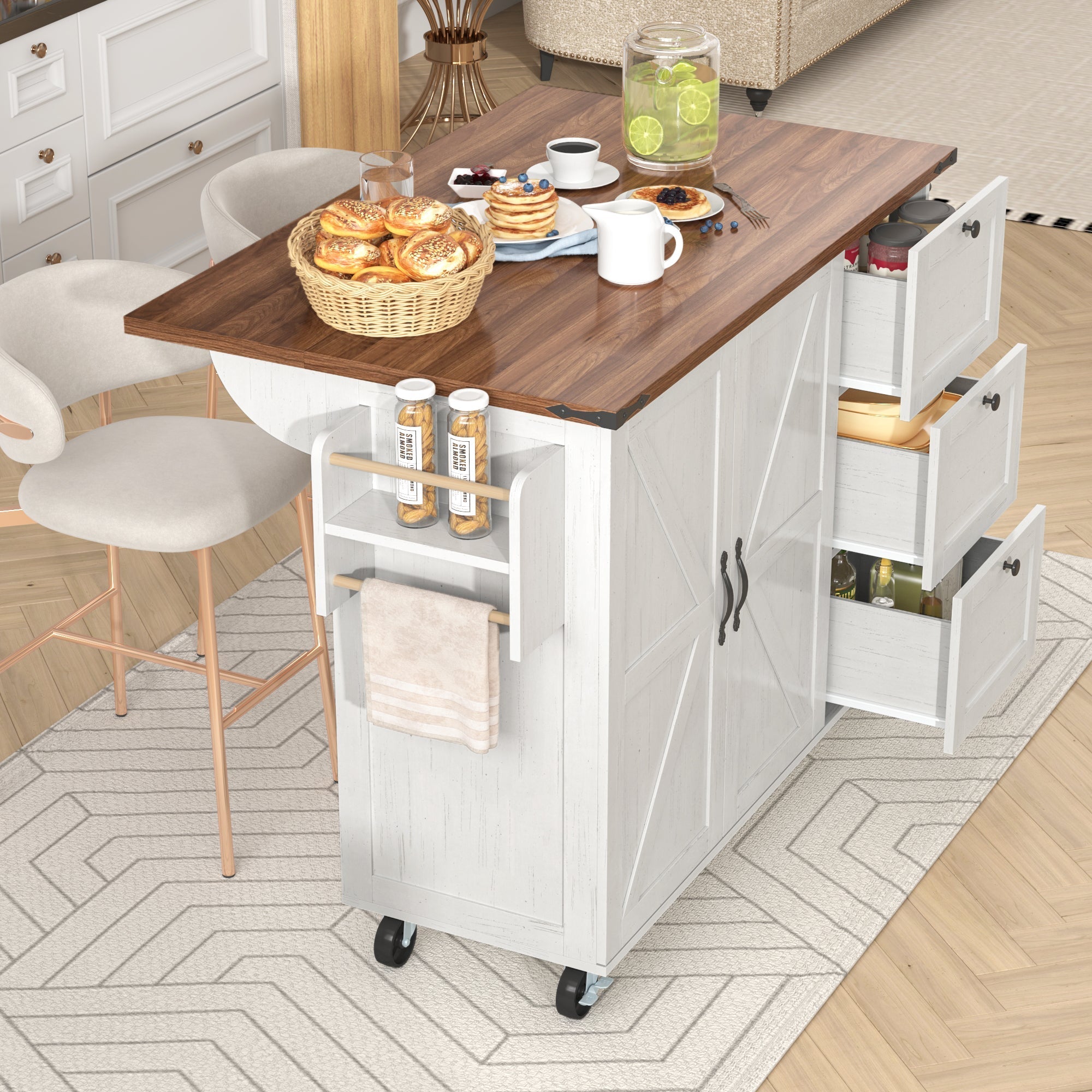 Kitchen Island Serving Cart with Extendable Worktop and Wood Grain, Two Doors and Three Drawers