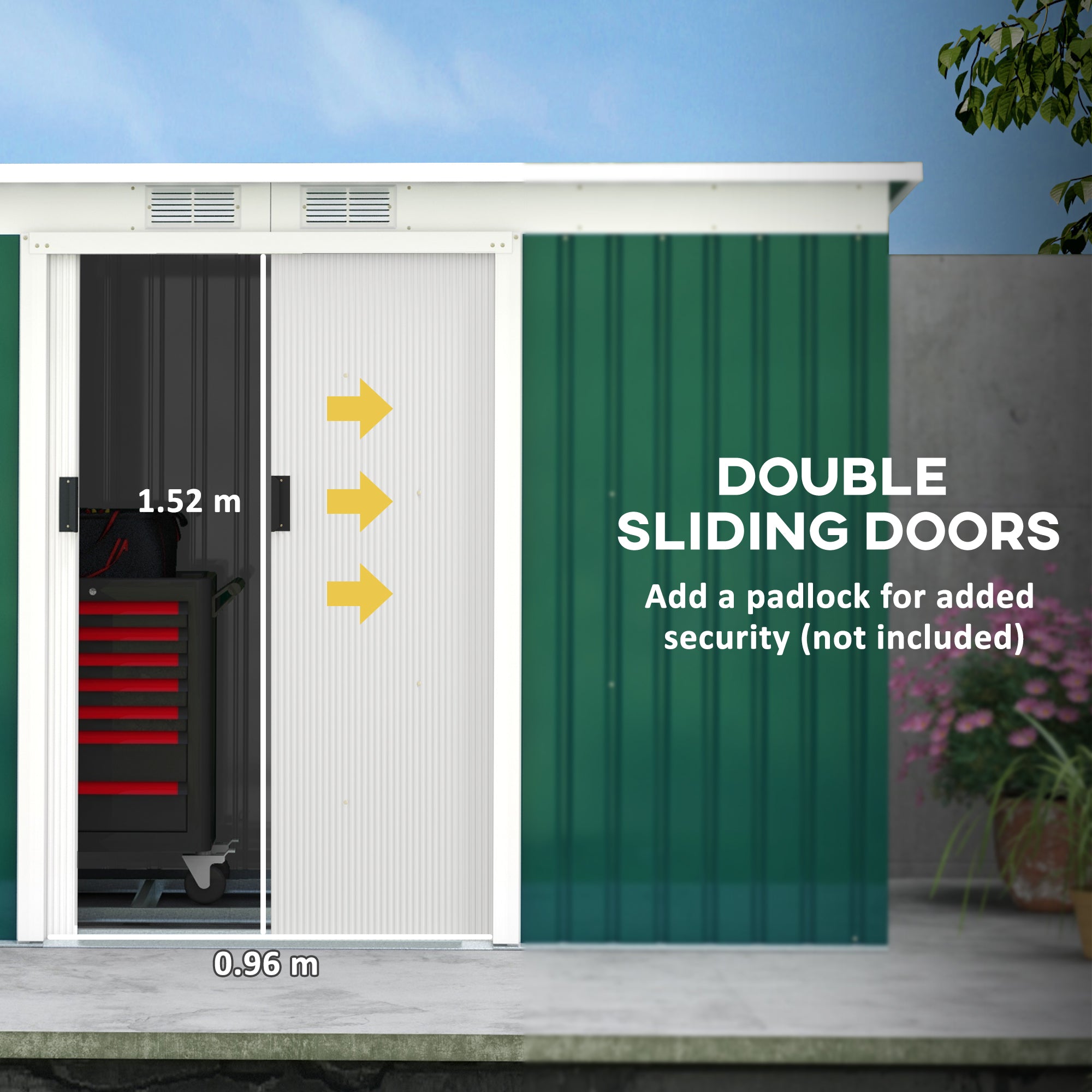 9ft x 4ft Metal Garden Shed with Foundation Kit, Ventilations, Double Doors, Deep Green