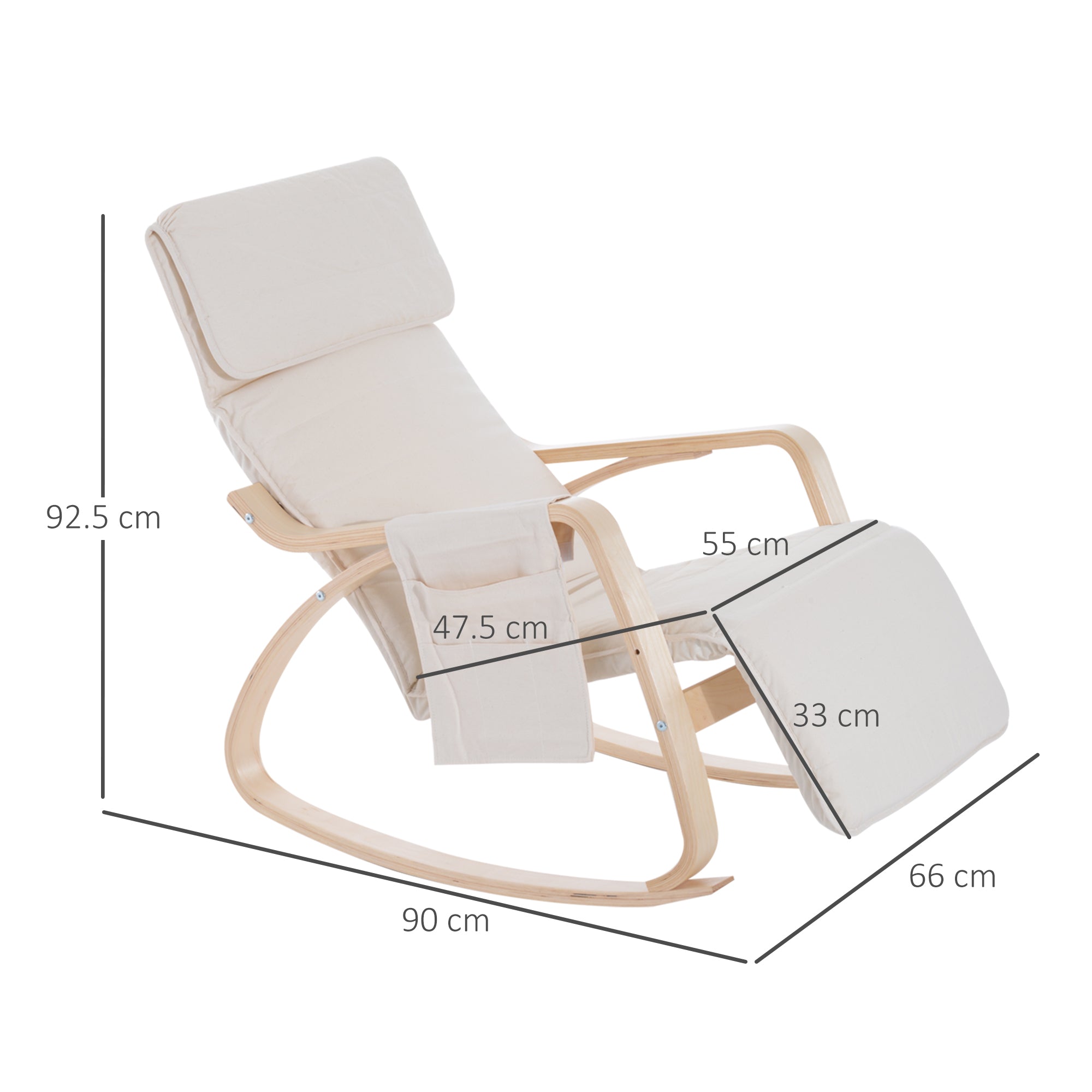 Rocking Lounge Chair Recliner with Adjustable Footrest, Side Pocket, Cream White