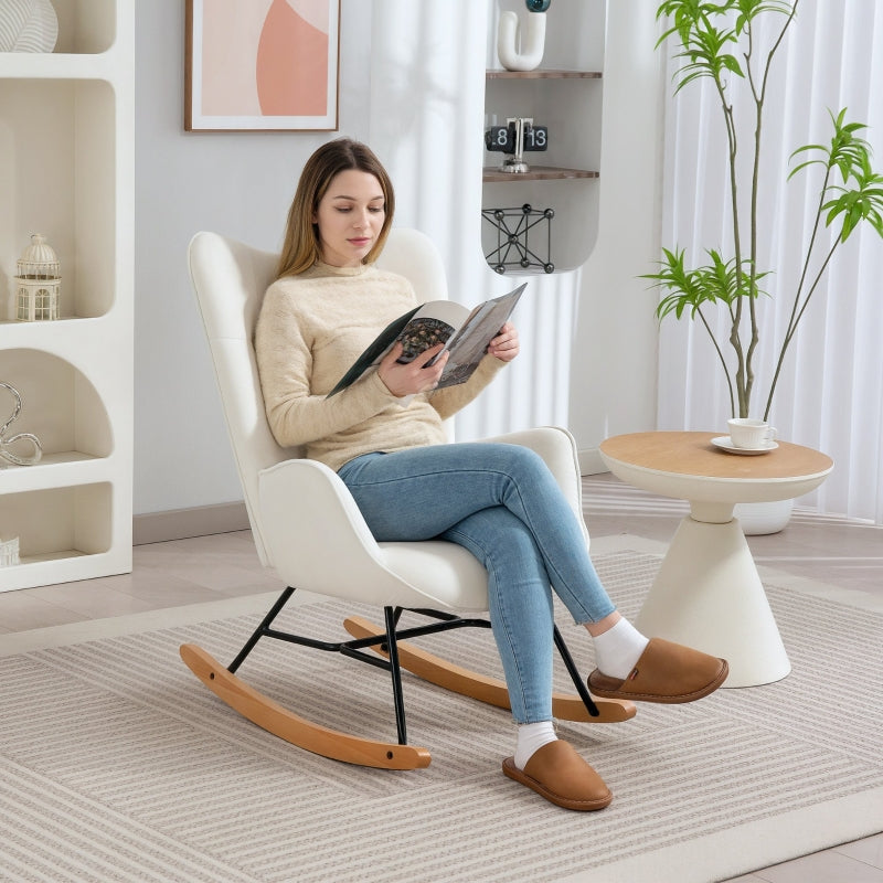 Rocking Chair, Modern Upholstered Armchair with Solid Wood Legs, Cream Velvet