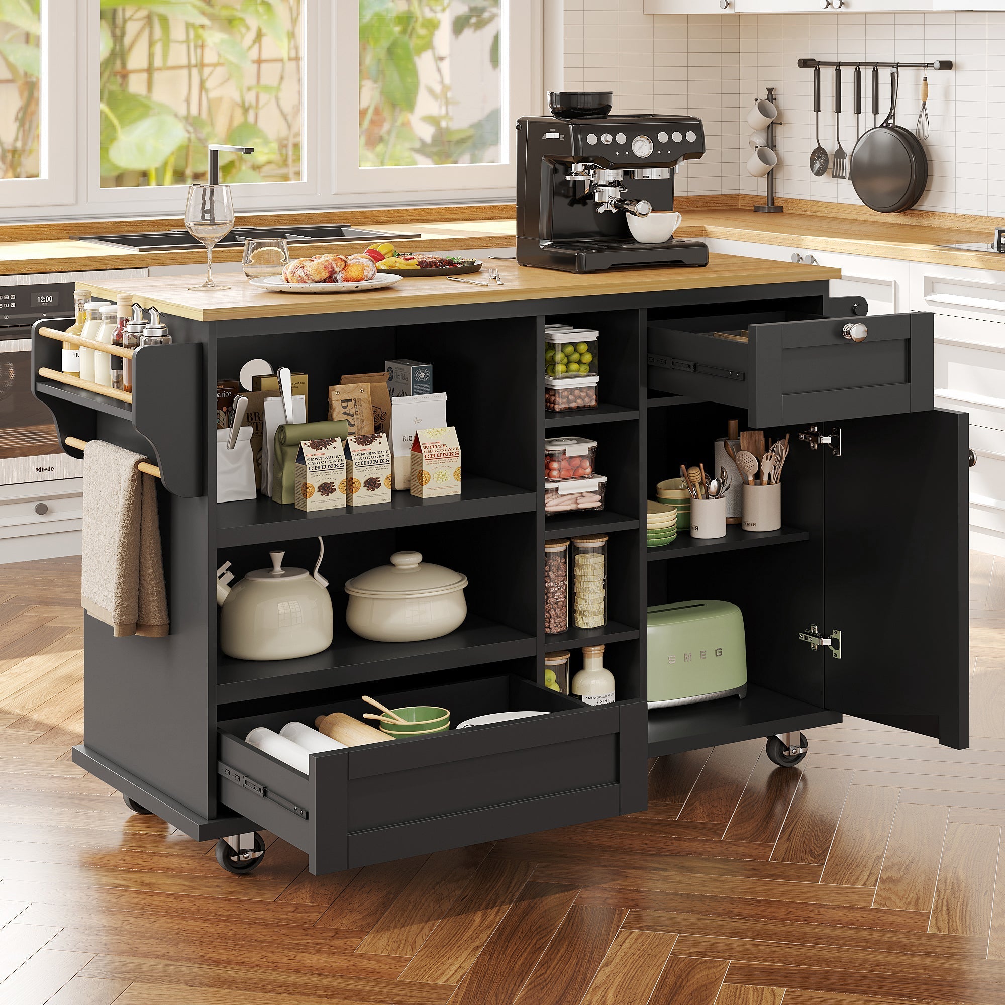 Dining Trolley (129x46x92cm), Mobile Kitchen with Drawers & Cupboards, Wood Top, Black