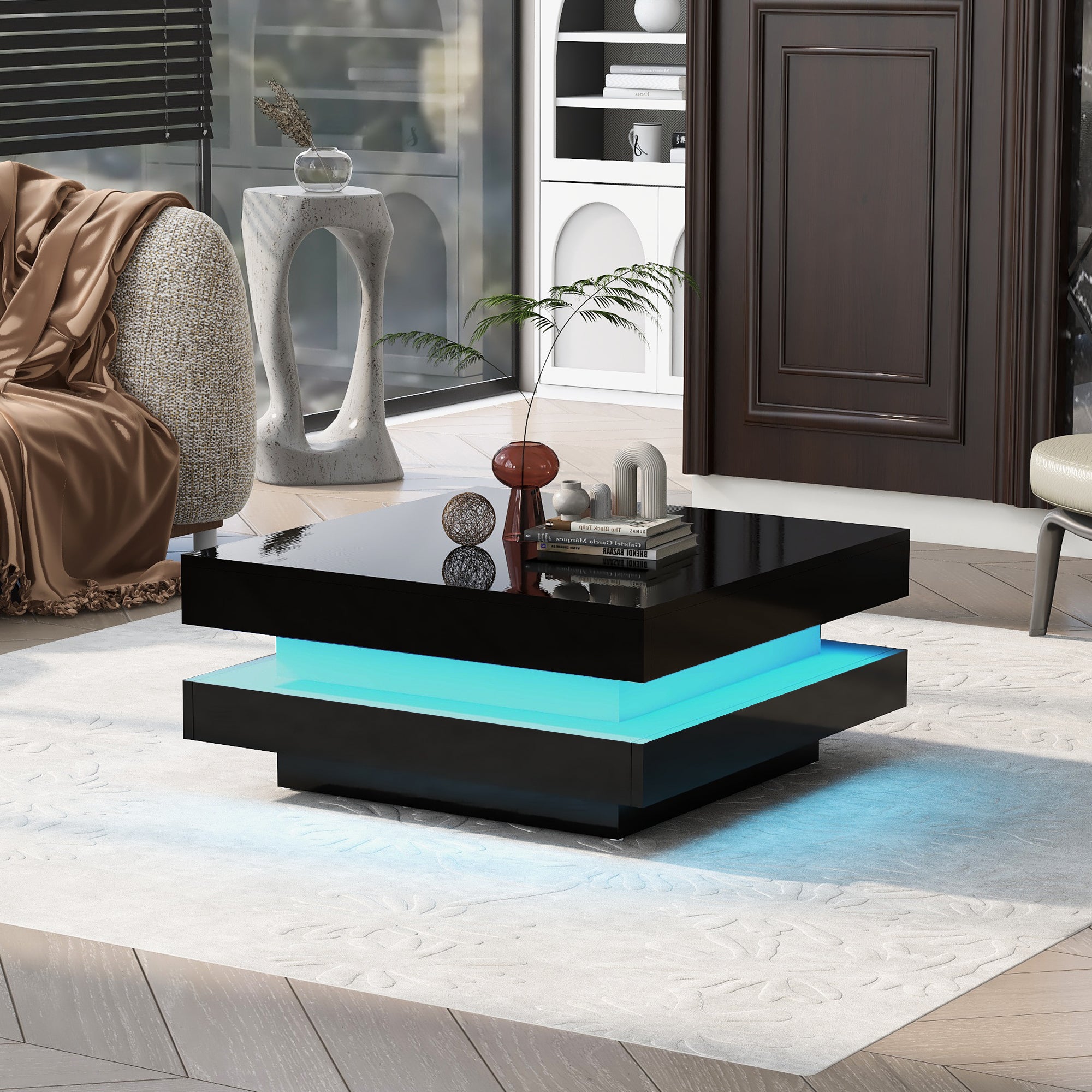 Black Square High Gloss Coffee Table with 360¡ã Rotating Top, Tea Table with 16-Color LED light, 70x70x36 cm