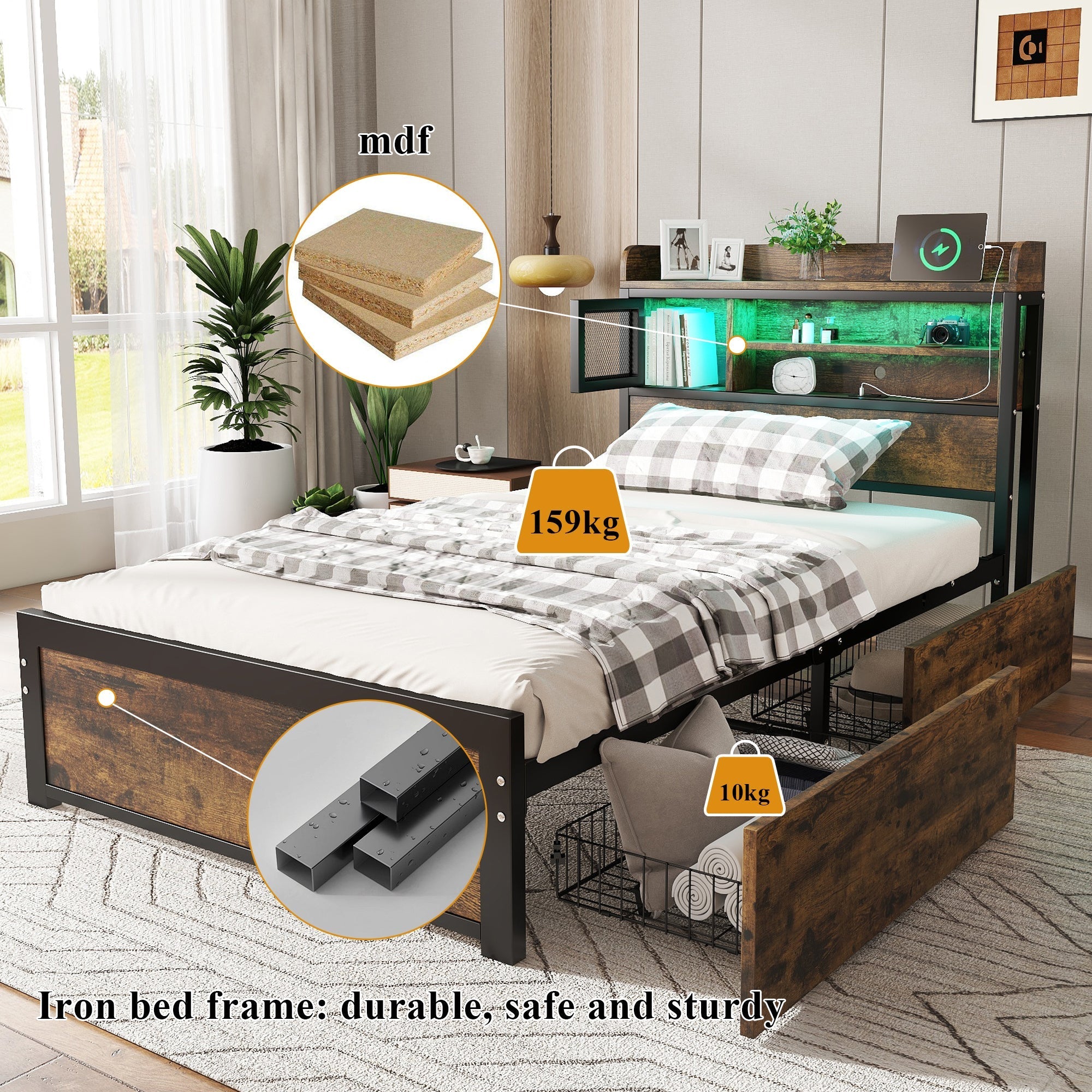 Metal Bed, 3FT Single with LED Light Strip, 2 Drawers & 3 Charge Ports, Durable & Sturdy, Black Iron & Wood Color