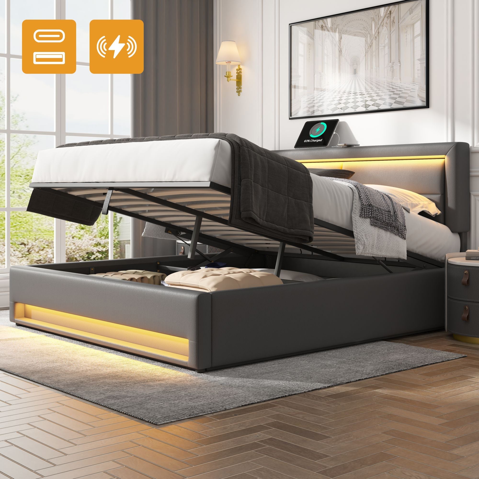 Upholstered Bed 135x190cm Double 4ft6 with USB Charging, LED Lighting & Storage, PU-Lychee, Grey