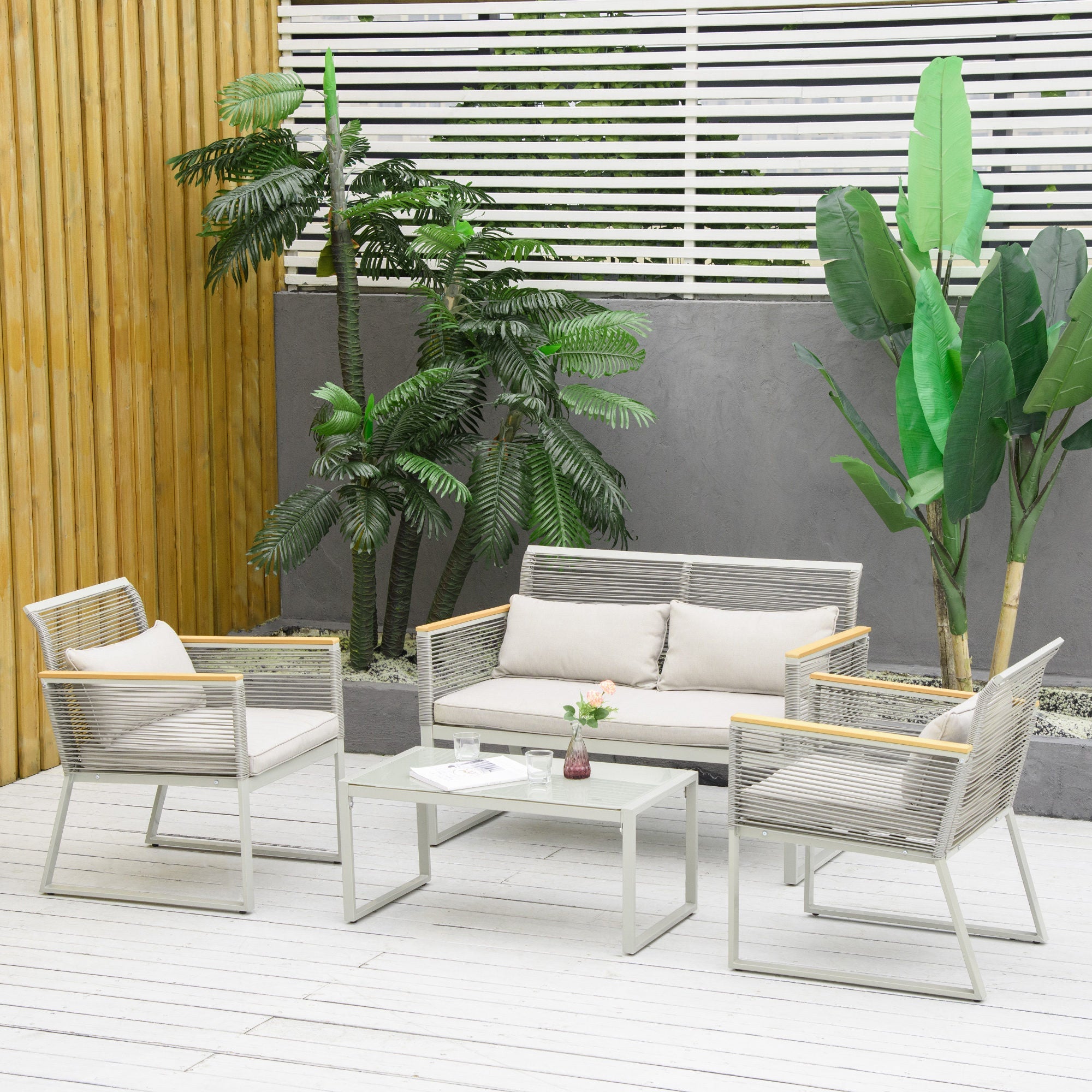 Rattan Garden Furniture Set, 4 Pieces - Grey